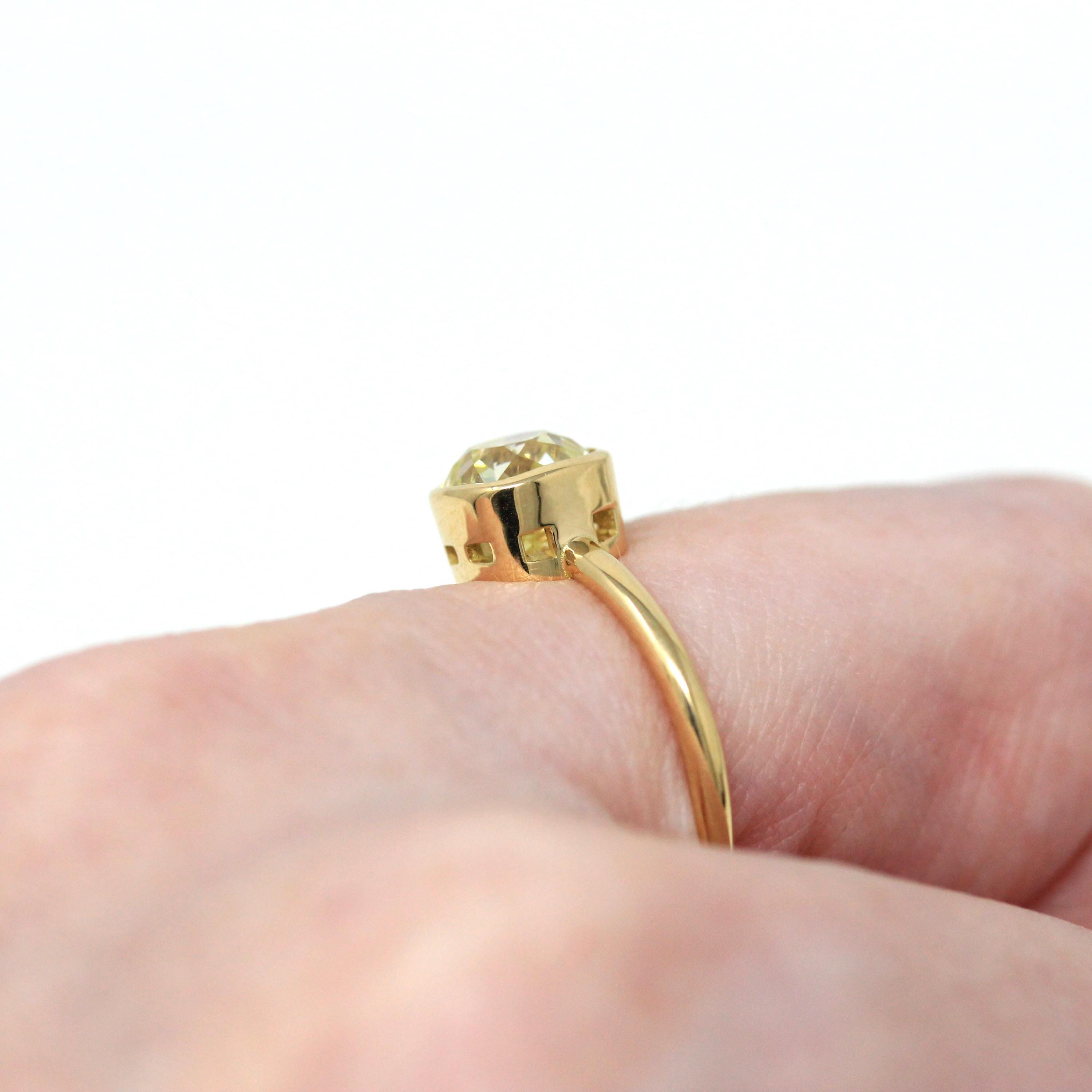 Antique 1.61 ct Old Mine Cut Diamond Engagement Ring - 18k Yellow Gold Bezel Fancy Light Yellow Gem - Size 6 GIA Report Fine Cushion Jewelry