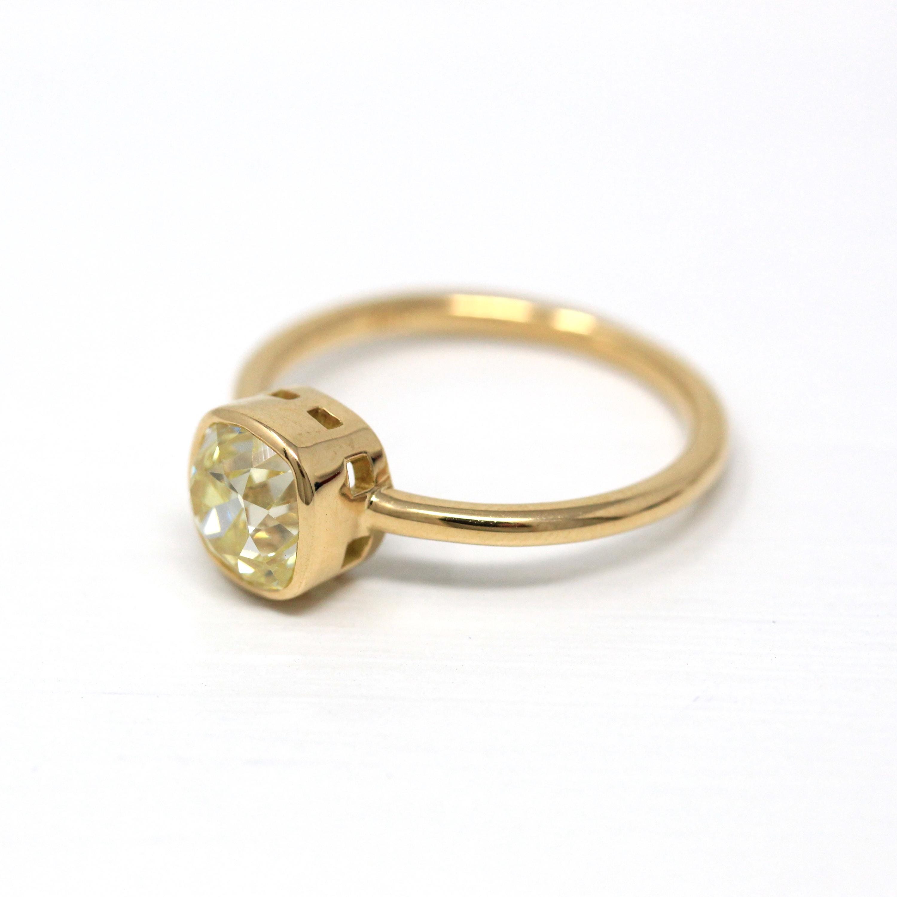 Antique 1.61 ct Old Mine Cut Diamond Engagement Ring - 18k Yellow Gold Bezel Fancy Light Yellow Gem - Size 6 GIA Report Fine Cushion Jewelry
