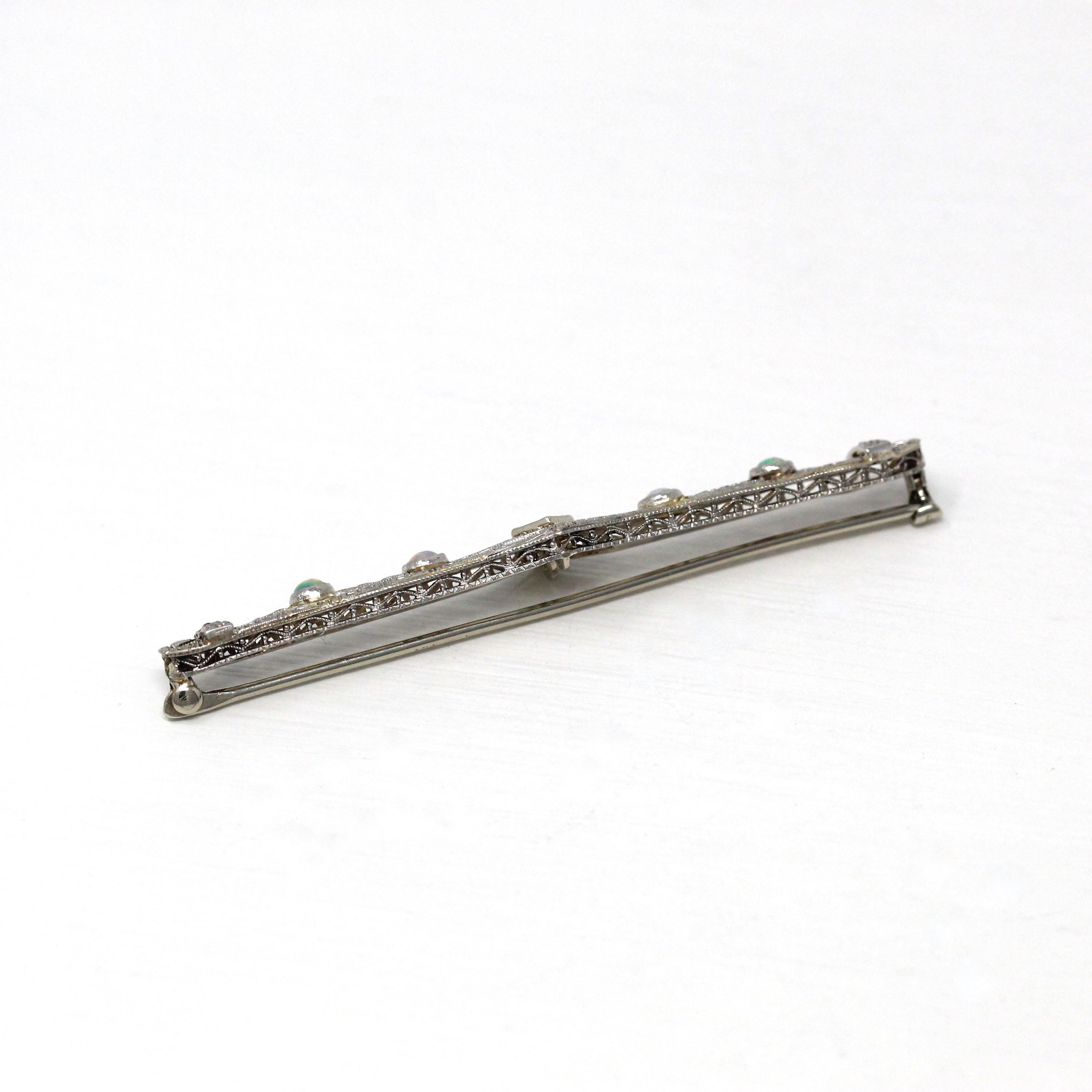 Vintage Opal Brooch - Art Deco 14k White Gold Genuine Gem Diamond Long Pin - Circa 1930s Era Filigree Open Metal Statement Fine 30s Jewelry