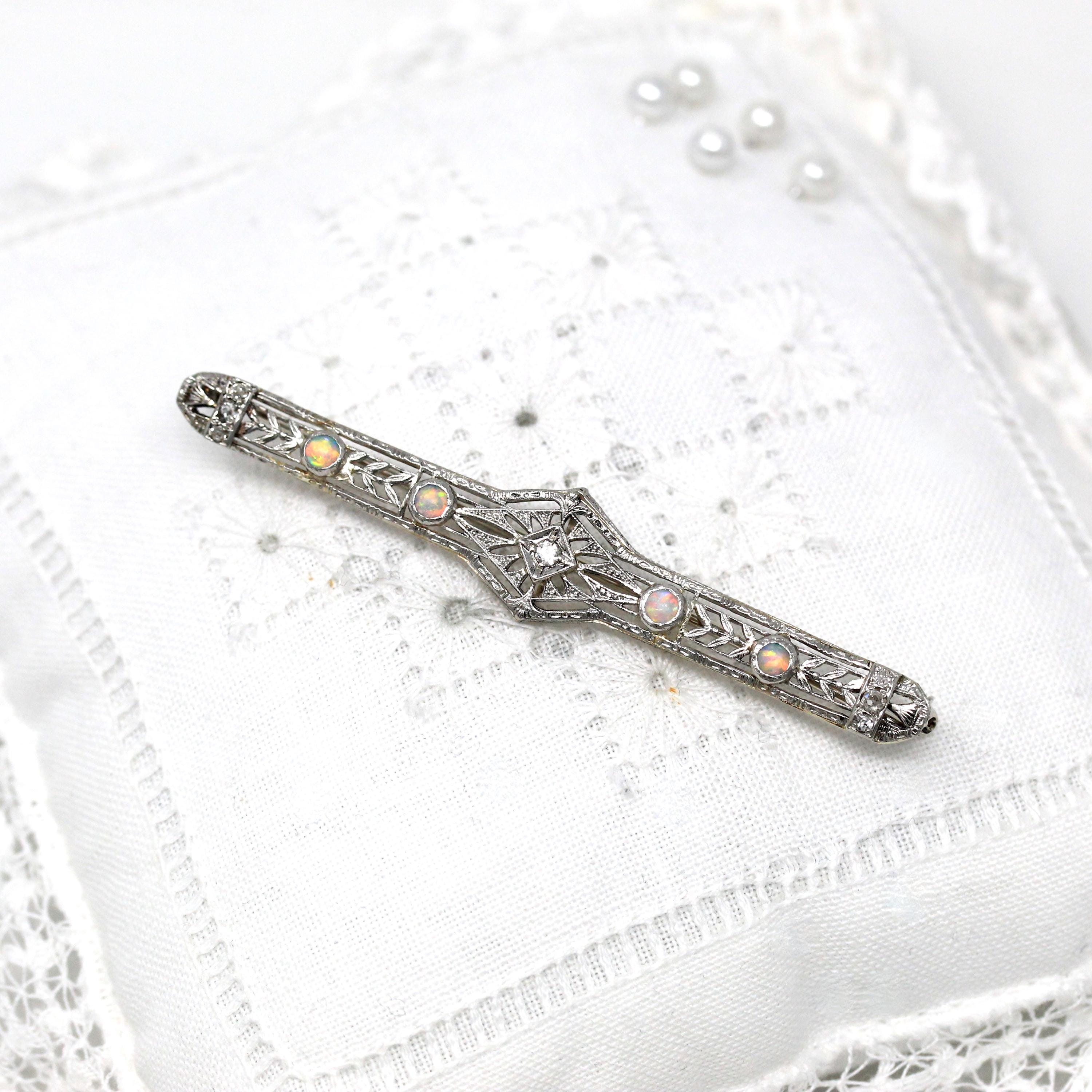 Vintage Opal Brooch - Art Deco 14k White Gold Genuine Gem Diamond Long Pin - Circa 1930s Era Filigree Open Metal Statement Fine 30s Jewelry