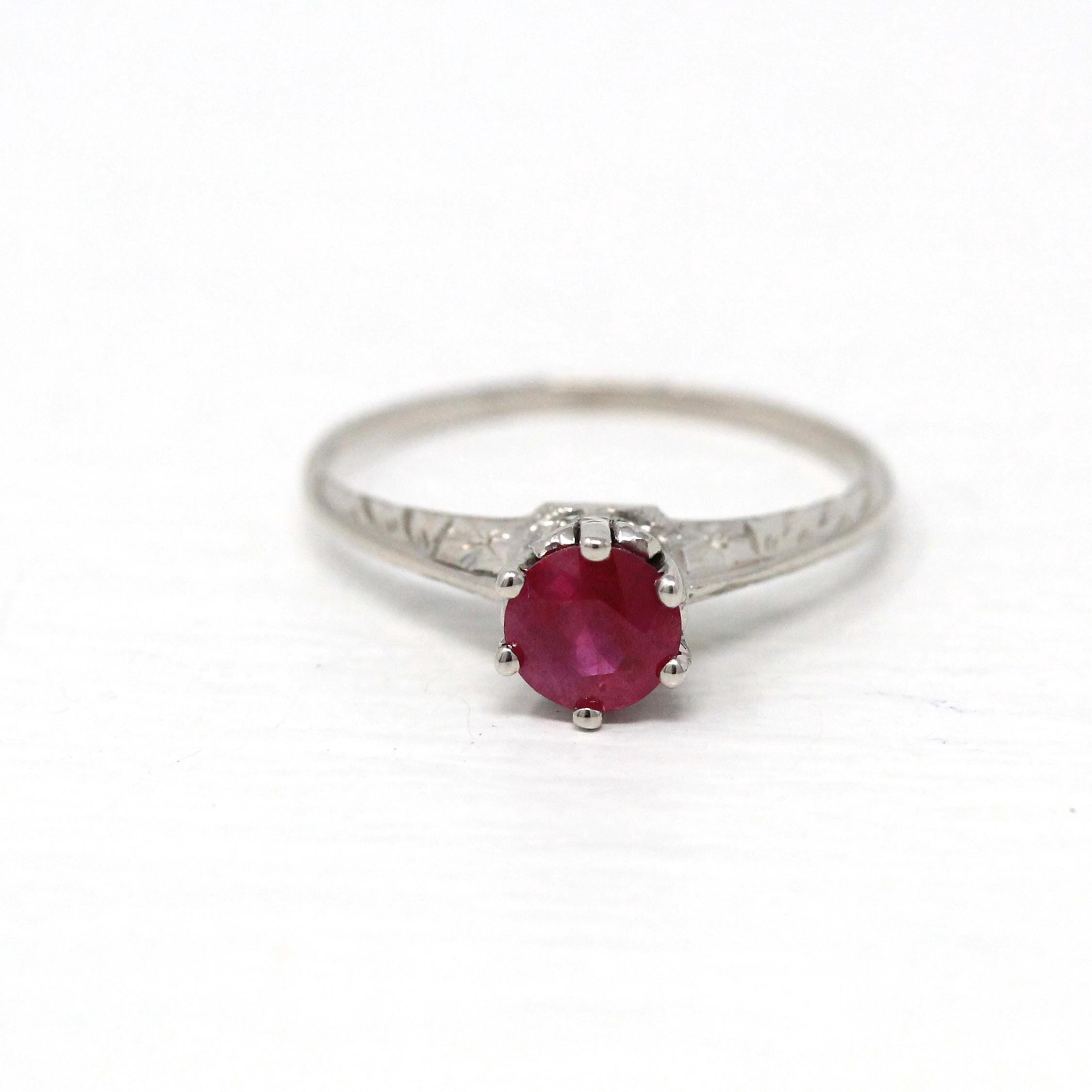 Ruby Solitaire Ring - Vintage 14k White Gold 0.65 CT Faceted Gem Solitaire - Art Deco Size 5 1/4 Statement Fine Engraved Birthstone Jewelry