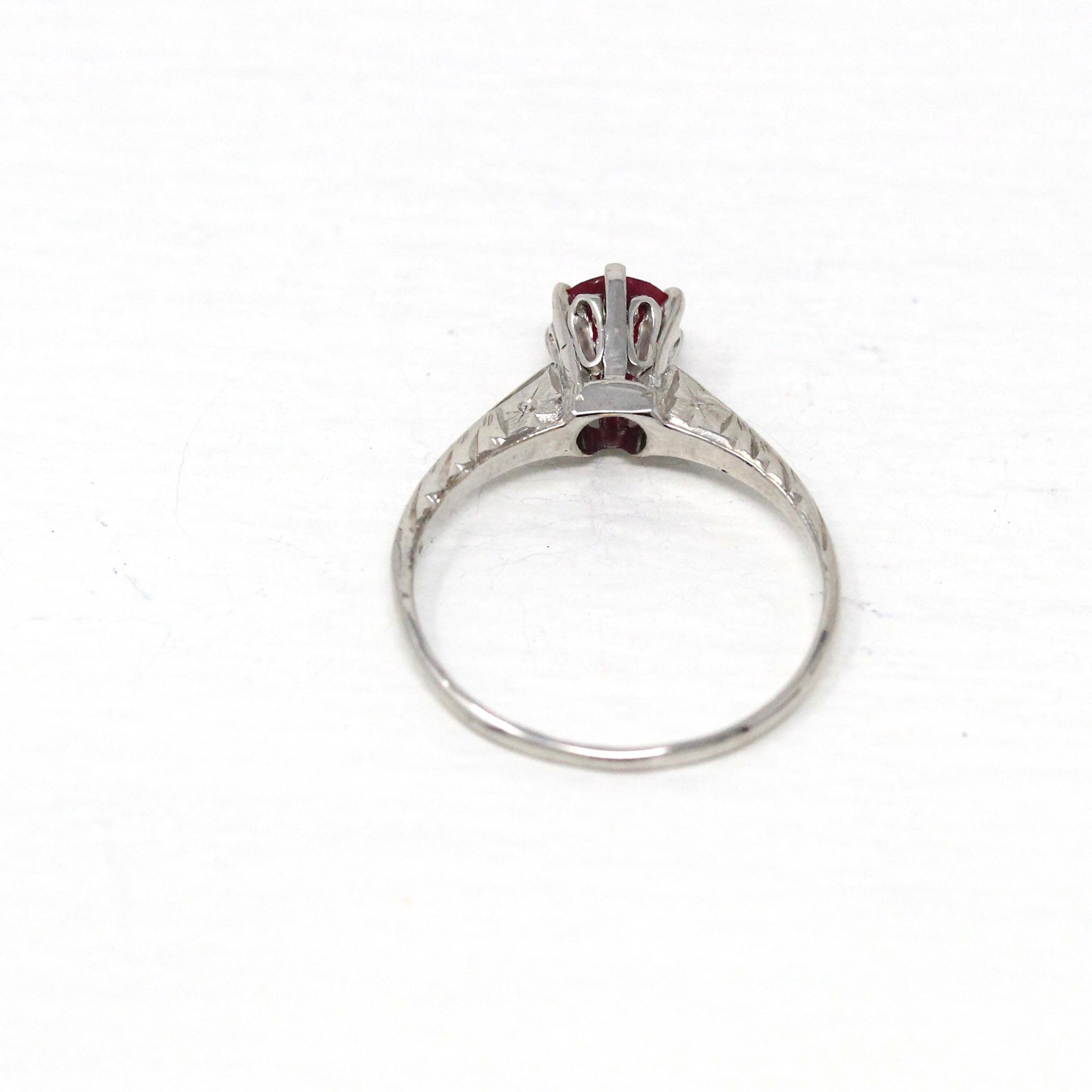 Ruby Solitaire Ring - Vintage 14k White Gold 0.65 CT Faceted Gem Solitaire - Art Deco Size 5 1/4 Statement Fine Engraved Birthstone Jewelry
