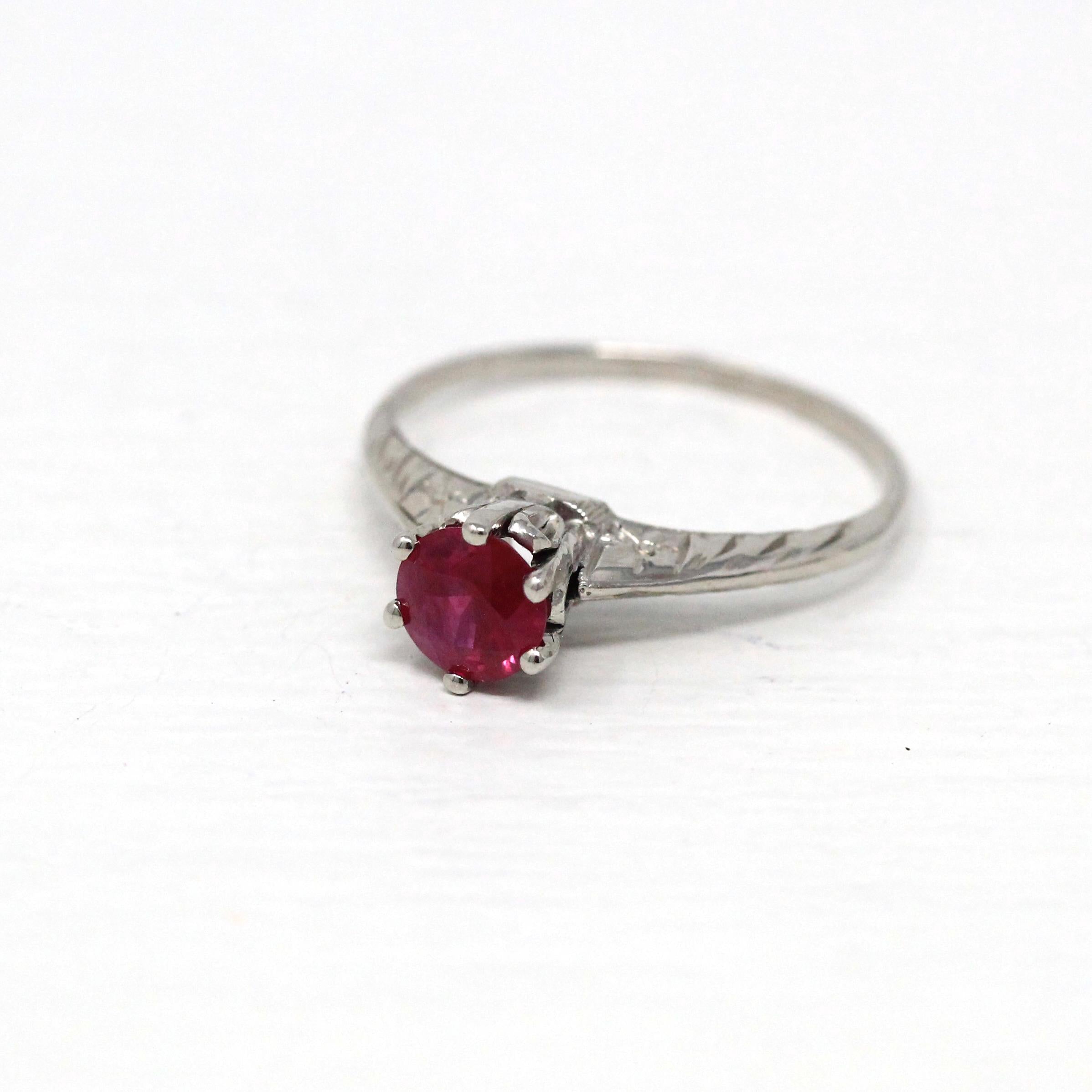Ruby Solitaire Ring - Vintage 14k White Gold 0.65 CT Faceted Gem Solitaire - Art Deco Size 5 1/4 Statement Fine Engraved Birthstone Jewelry