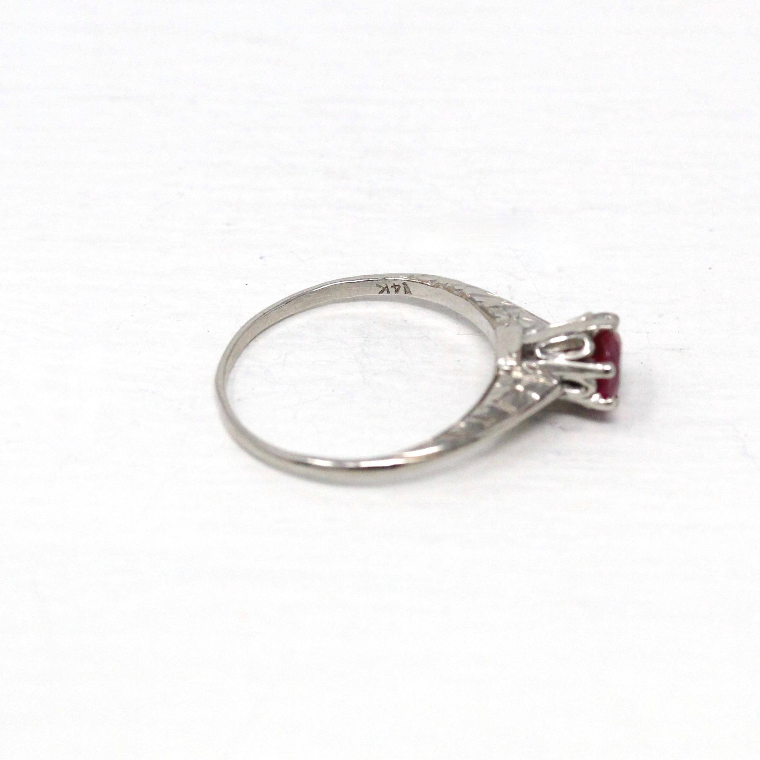 Ruby Solitaire Ring - Vintage 14k White Gold 0.65 CT Faceted Gem Solitaire - Art Deco Size 5 1/4 Statement Fine Engraved Birthstone Jewelry