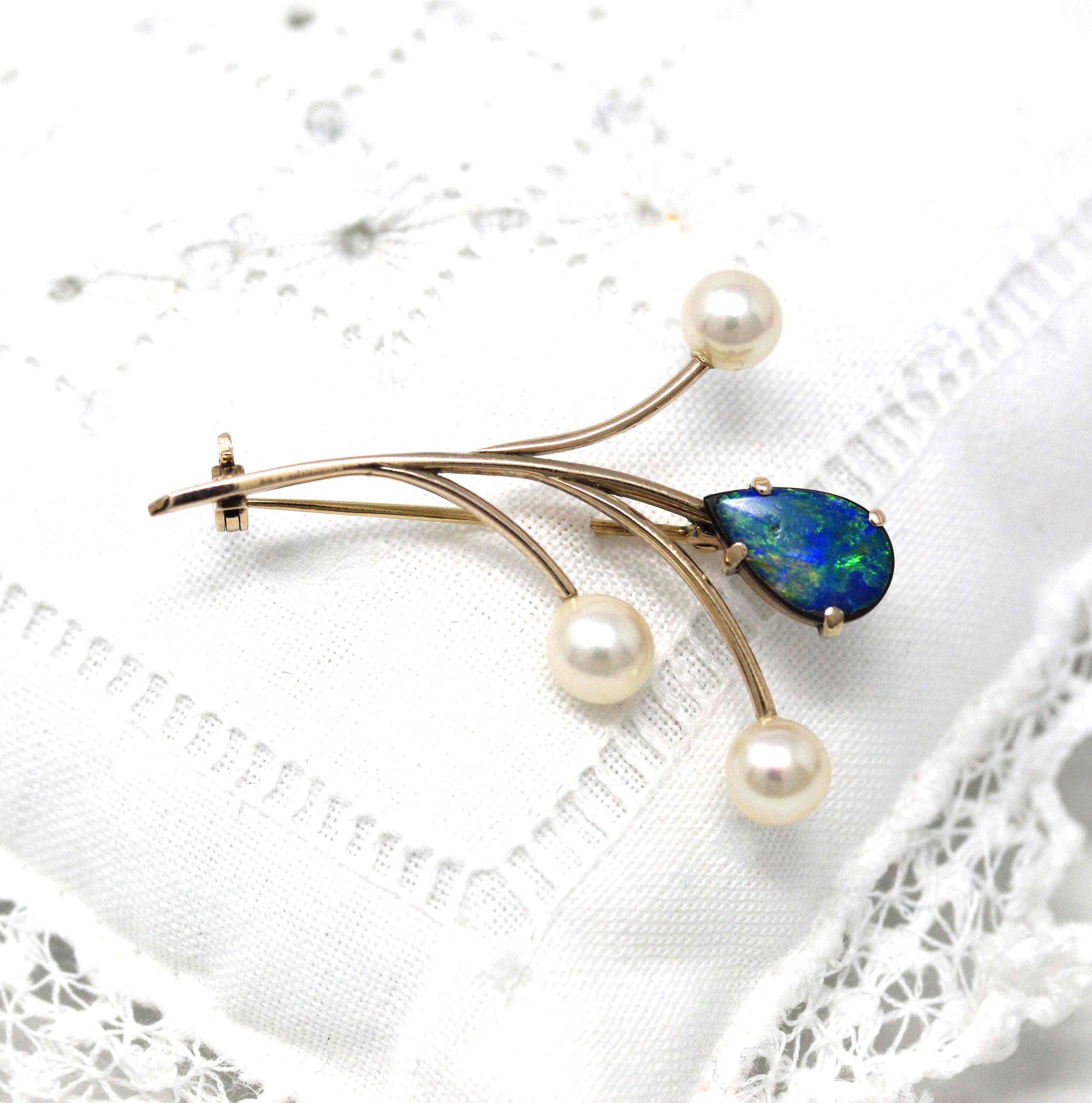 Vintage Floral Brooch - Retro 14k Yellow Gold Opal Triplet Cultured Pearl Gemstones - Circa 1970s Era Statement Nature Inspired Fine Jewelry