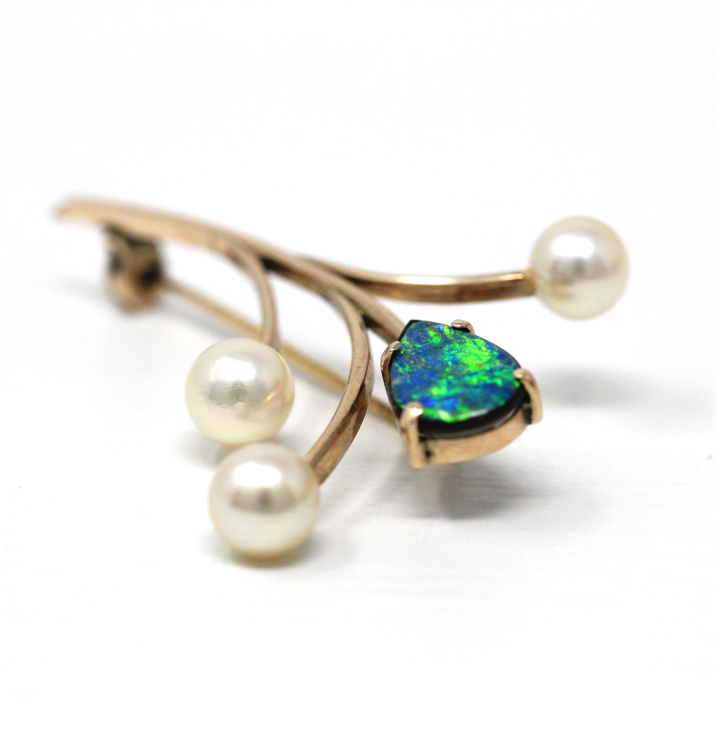 Vintage Floral Brooch - Retro 14k Yellow Gold Opal Triplet Cultured Pearl Gemstones - Circa 1970s Era Statement Nature Inspired Fine Jewelry