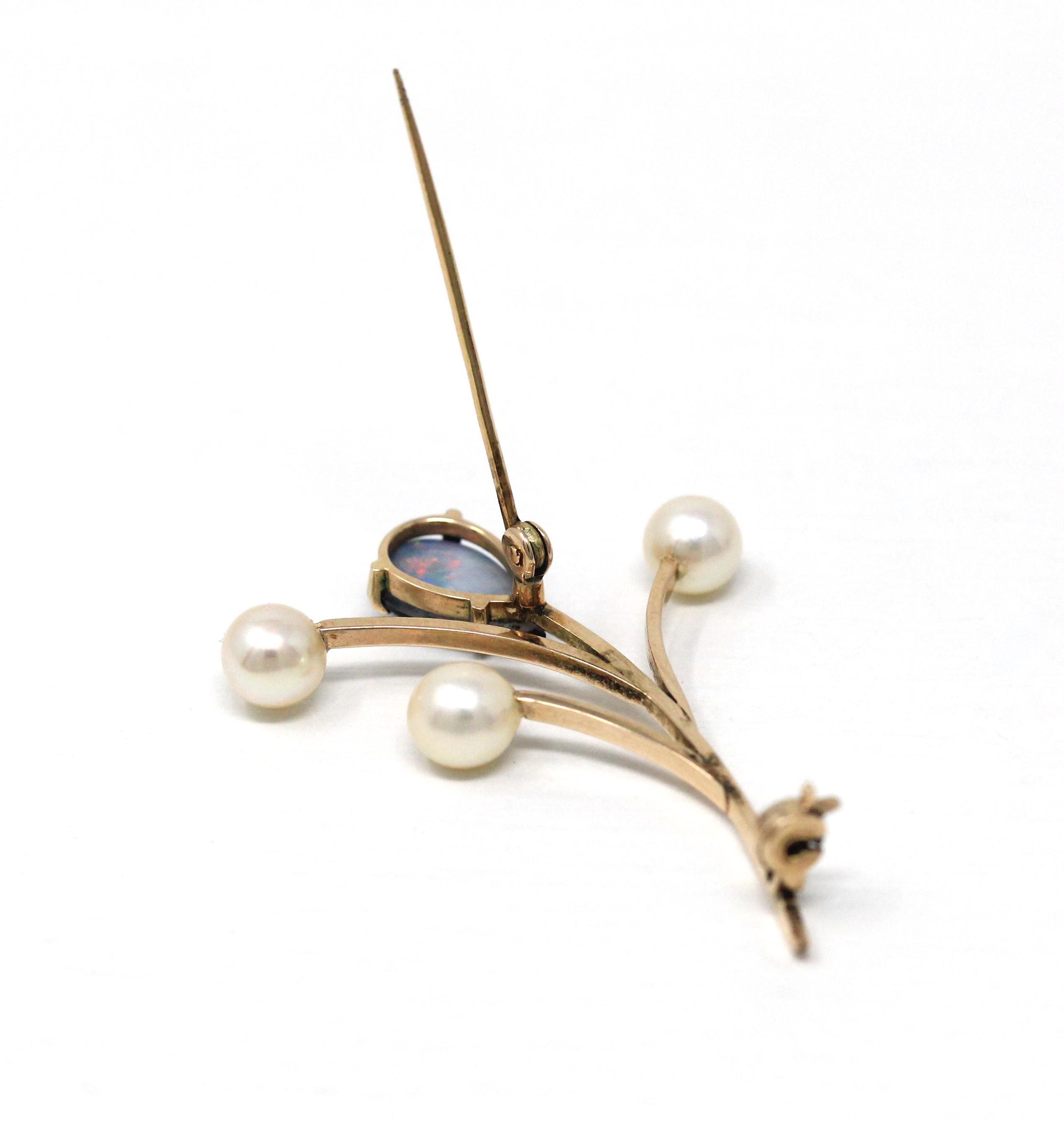 Vintage Floral Brooch - Retro 14k Yellow Gold Opal Triplet Cultured Pearl Gemstones - Circa 1970s Era Statement Nature Inspired Fine Jewelry