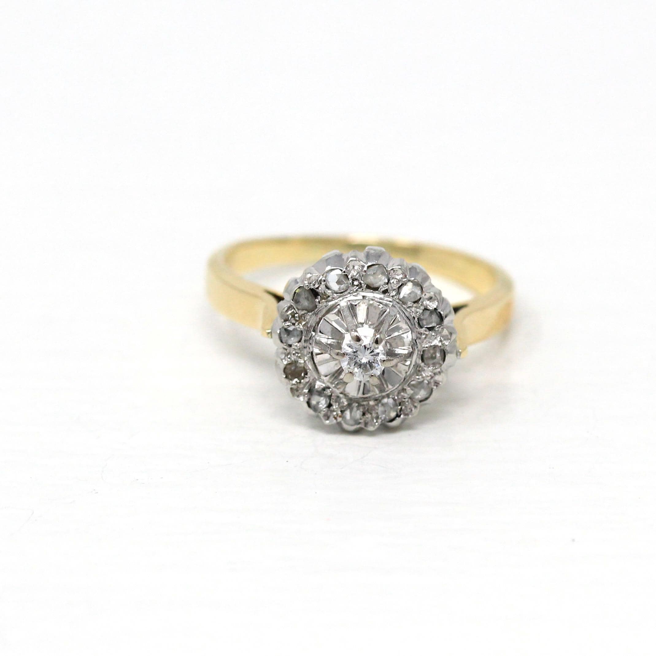 Diamond Engagement Ring - Retro 14k Yellow Gold .31 CTW Round Rose Cut Cluster Halo - Size 6.25 Fine Mid Century Modern Engagement Jewelry