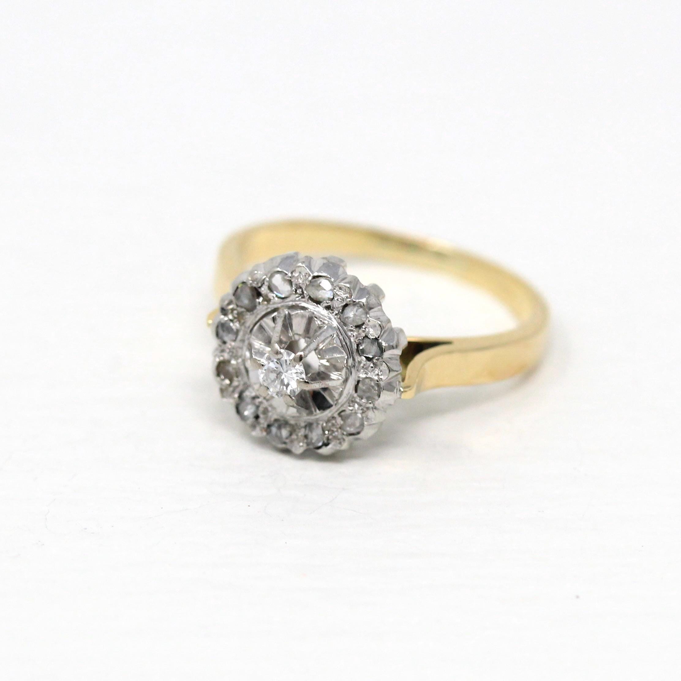 Diamond Engagement Ring - Retro 14k Yellow Gold .31 CTW Round Rose Cut Cluster Halo - Size 6.25 Fine Mid Century Modern Engagement Jewelry