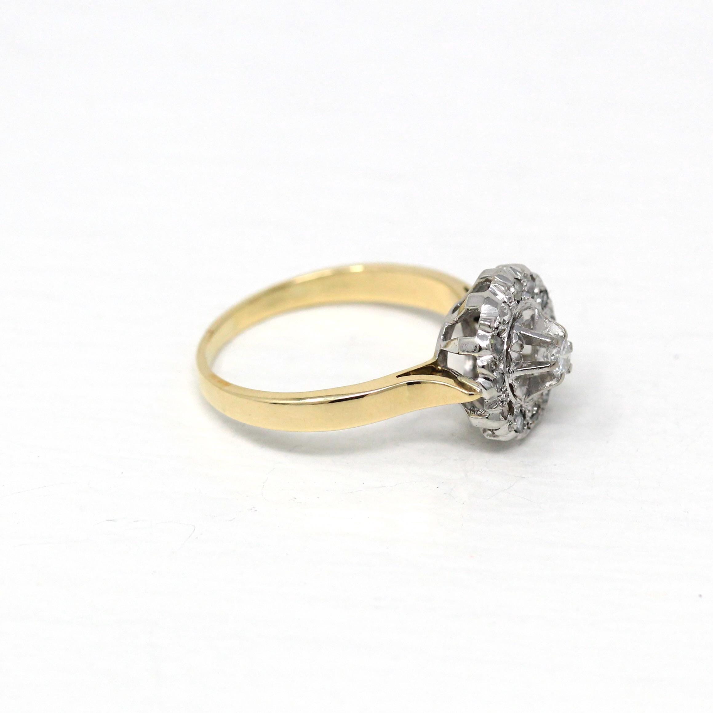 Diamond Engagement Ring - Retro 14k Yellow Gold .31 CTW Round Rose Cut Cluster Halo - Size 6.25 Fine Mid Century Modern Engagement Jewelry