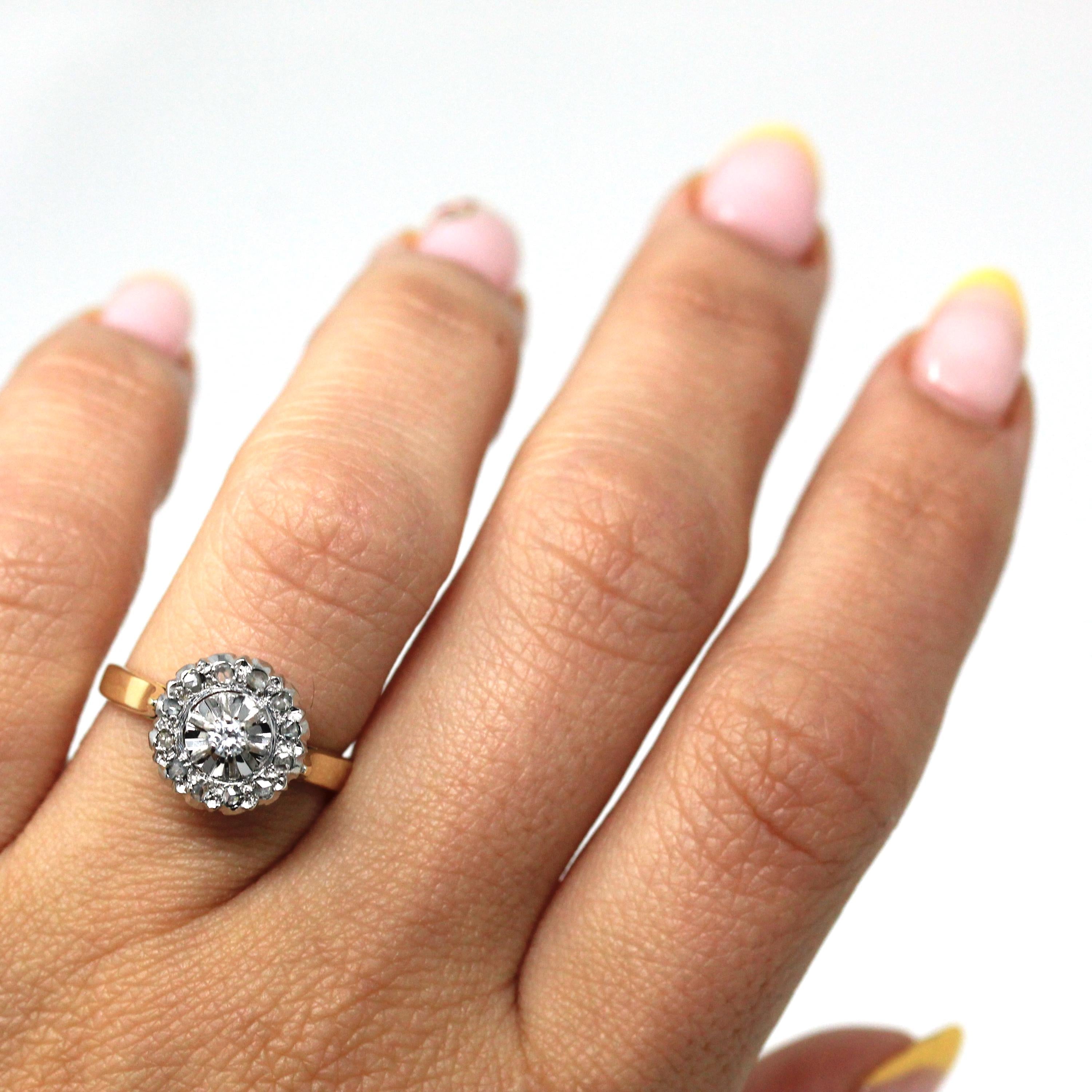 Diamond Engagement Ring - Retro 14k Yellow Gold .31 CTW Round Rose Cut Cluster Halo - Size 6.25 Fine Mid Century Modern Engagement Jewelry