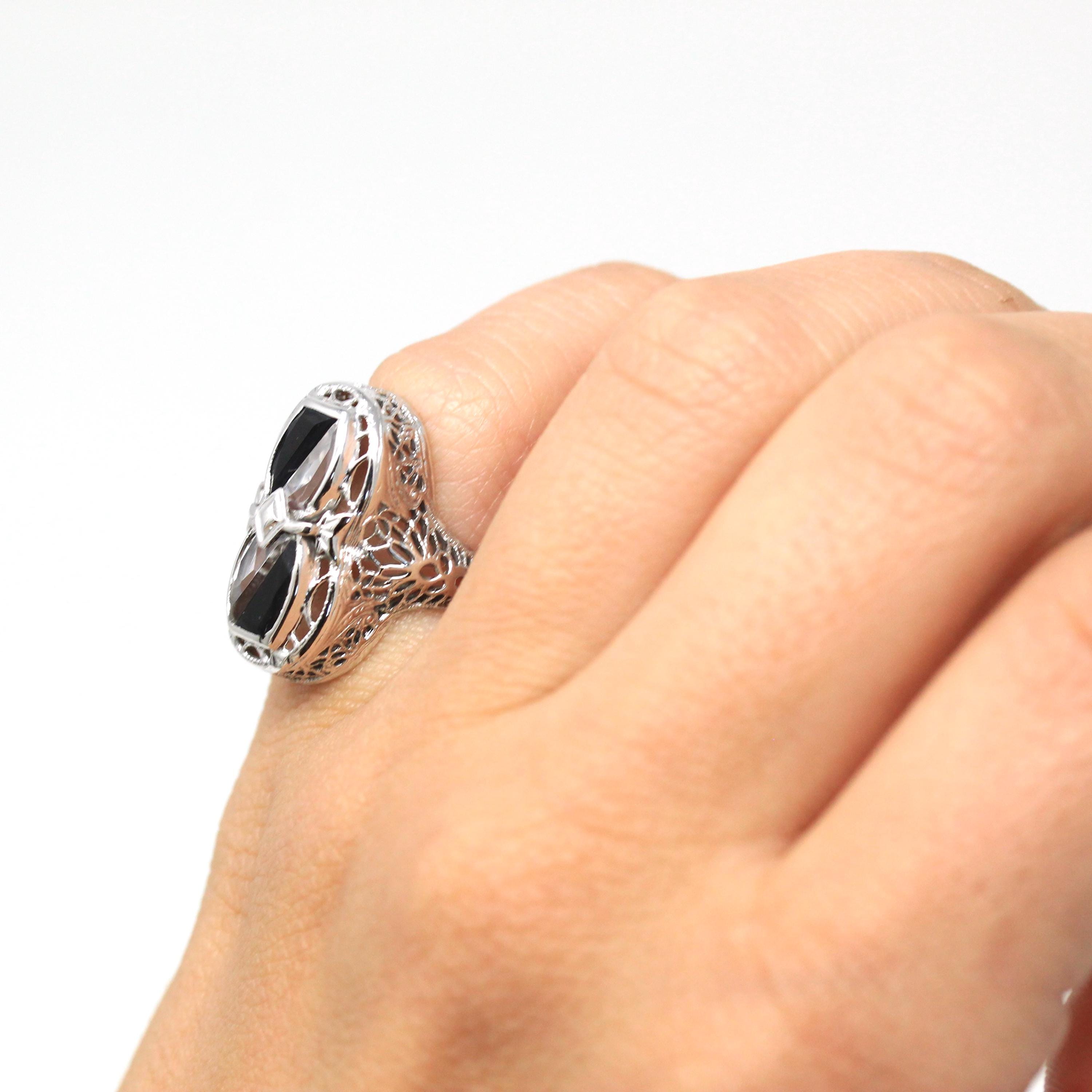 Black & White Art Deco Ring - Vintage 14k White Gold Fancy Cut Black Onyx Created White Sapphire - 1930s Size 3 1/2 Filigree Fine Jewelry
