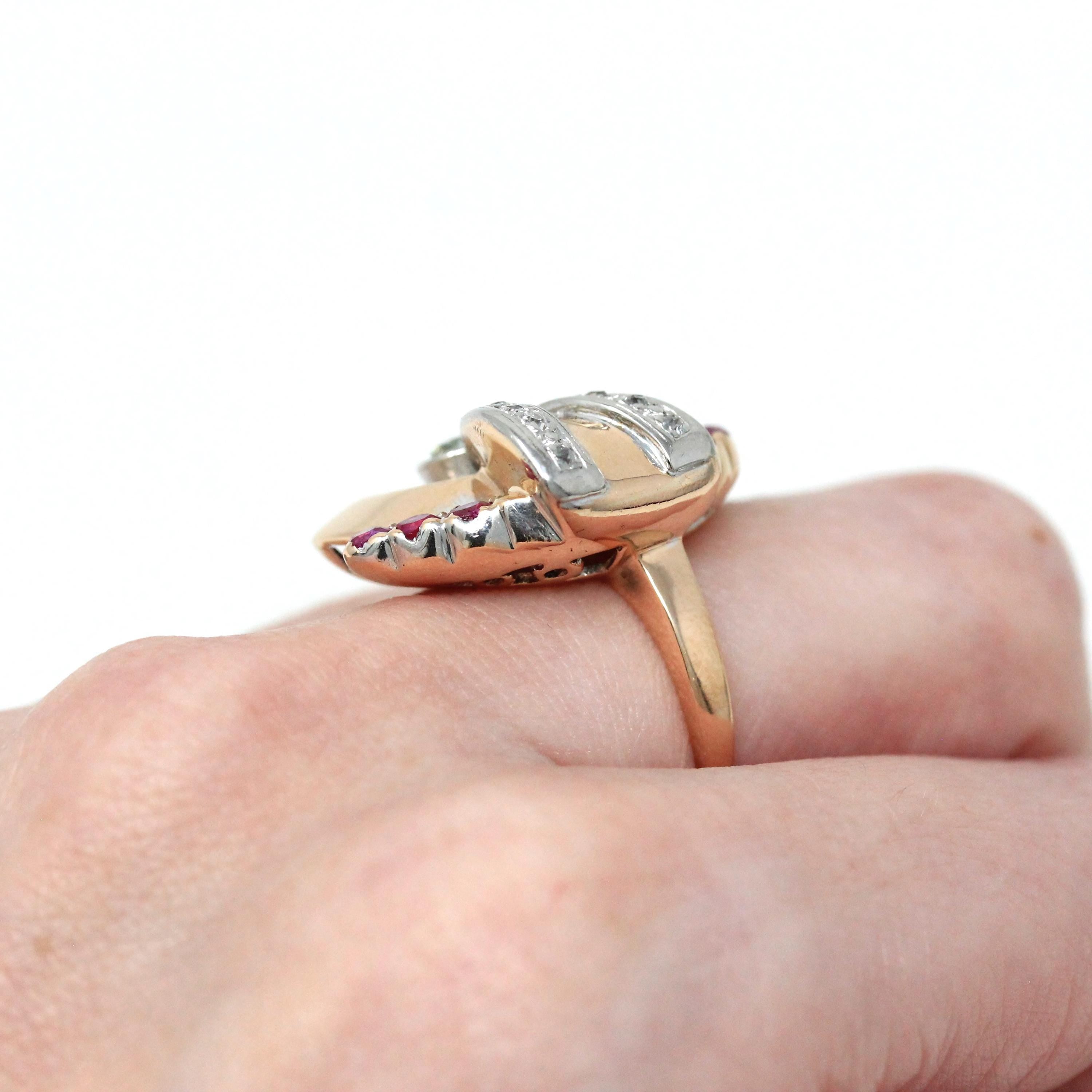 Retro Cocktail Ring - Vintage 10k Rose White Gold .76 CTW Genuine Diamonds Ruby Gems - Circa 1940s MCM Size 6 1/4 Cocktail Fine Jewelry