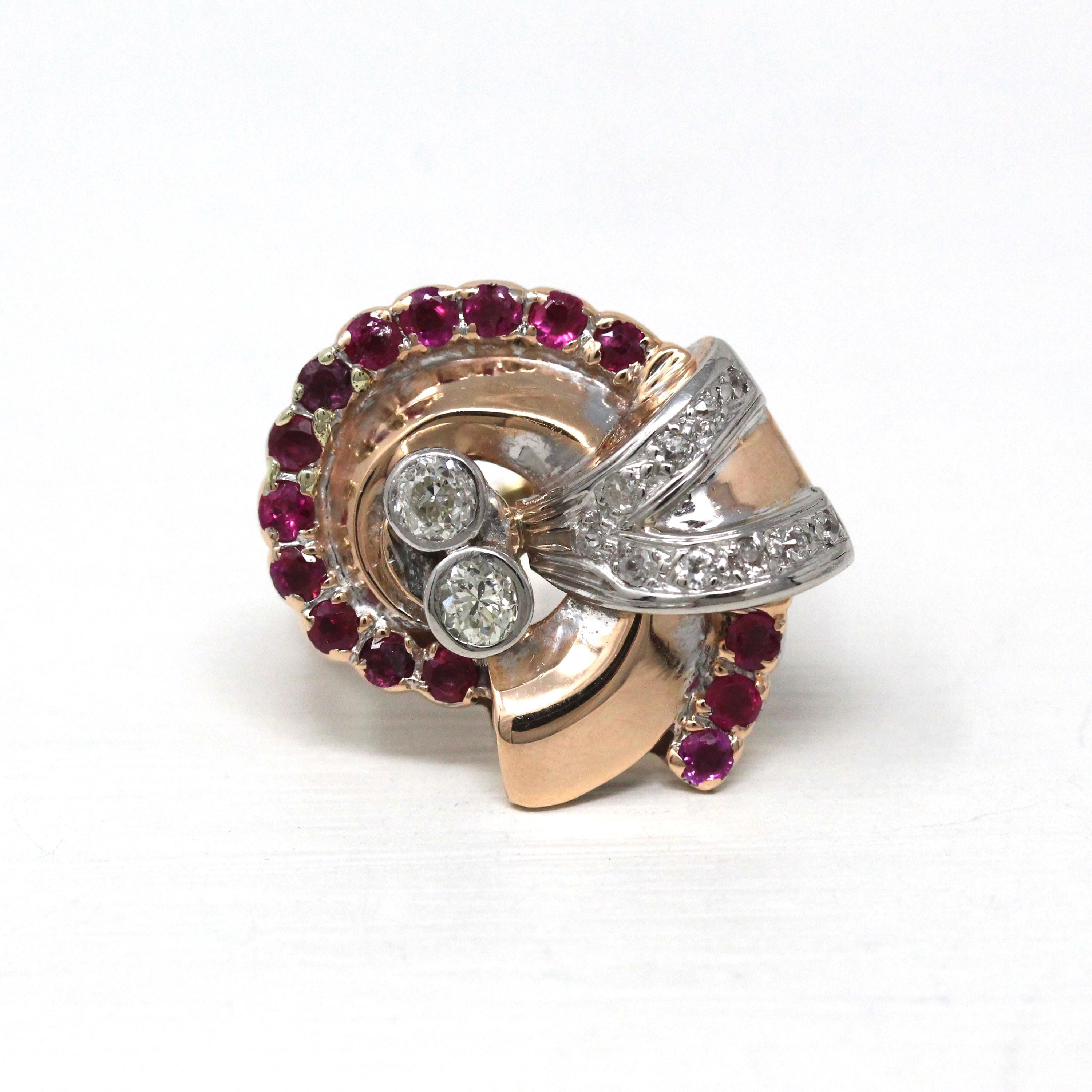 Retro Cocktail Ring - Vintage 10k Rose White Gold .76 CTW Genuine Diamonds Ruby Gems - Circa 1940s MCM Size 6 1/4 Cocktail Fine Jewelry