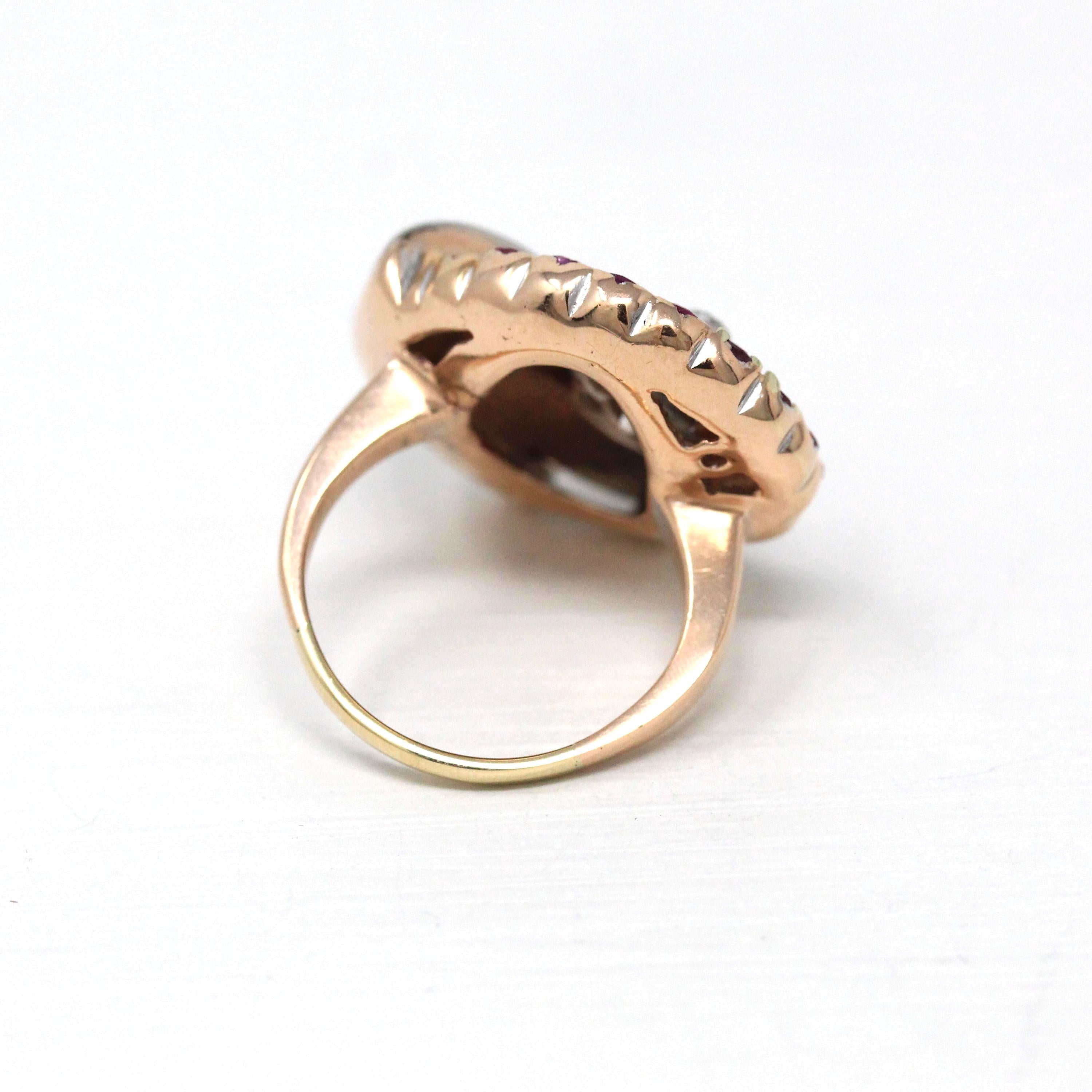 Retro Cocktail Ring - Vintage 10k Rose White Gold .76 CTW Genuine Diamonds Ruby Gems - Circa 1940s MCM Size 6 1/4 Cocktail Fine Jewelry