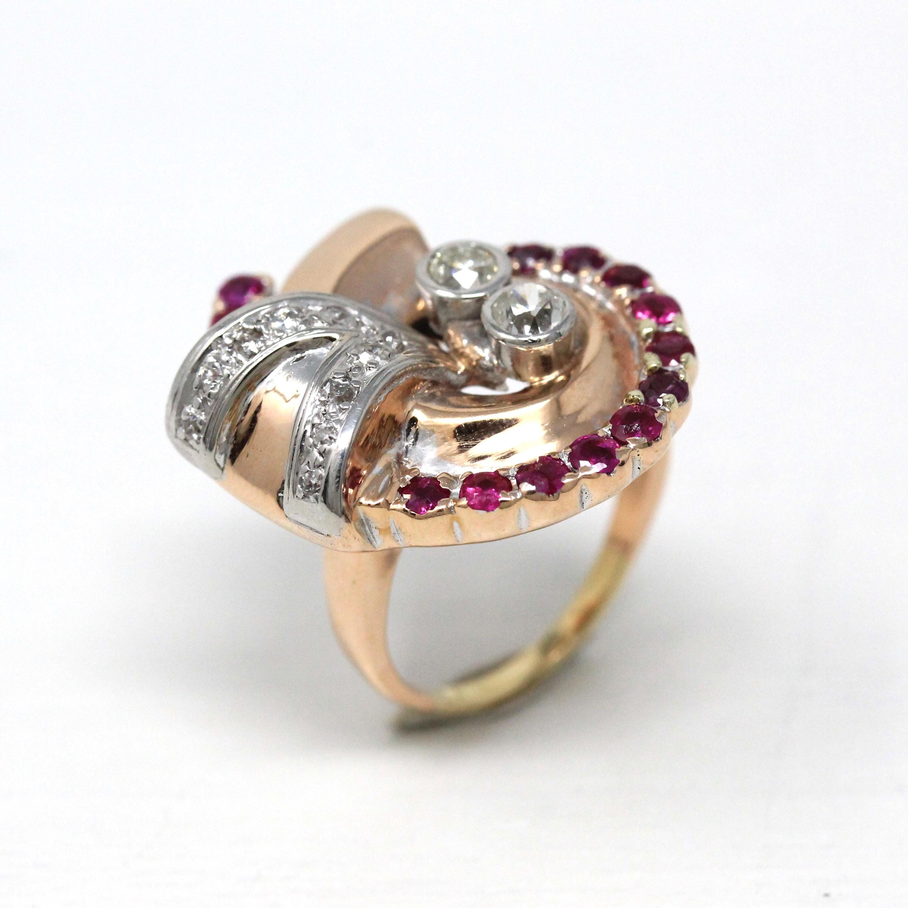 Retro Cocktail Ring - Vintage 10k Rose White Gold .76 CTW Genuine Diamonds Ruby Gems - Circa 1940s MCM Size 6 1/4 Cocktail Fine Jewelry