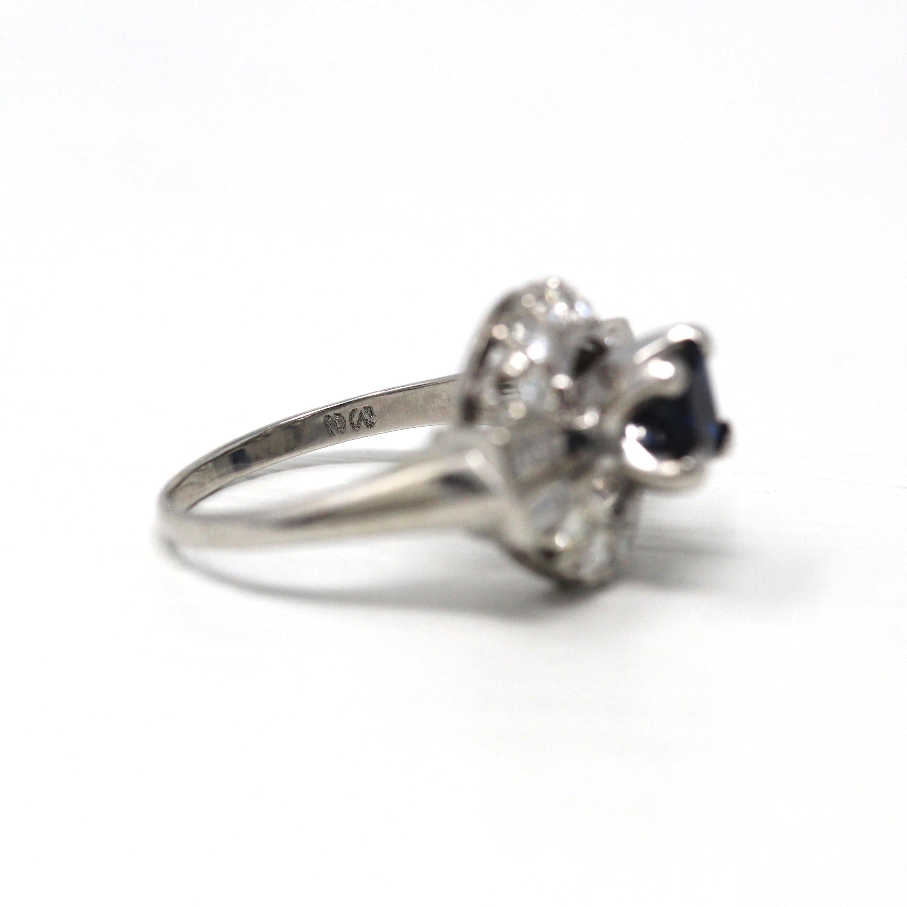 Sapphire & Diamond Halo Ring - 1980s Estate 14k White Gold .80 CT Blue Princess Round Baguette - Alternative Vintage Engagement Fine Jewelry