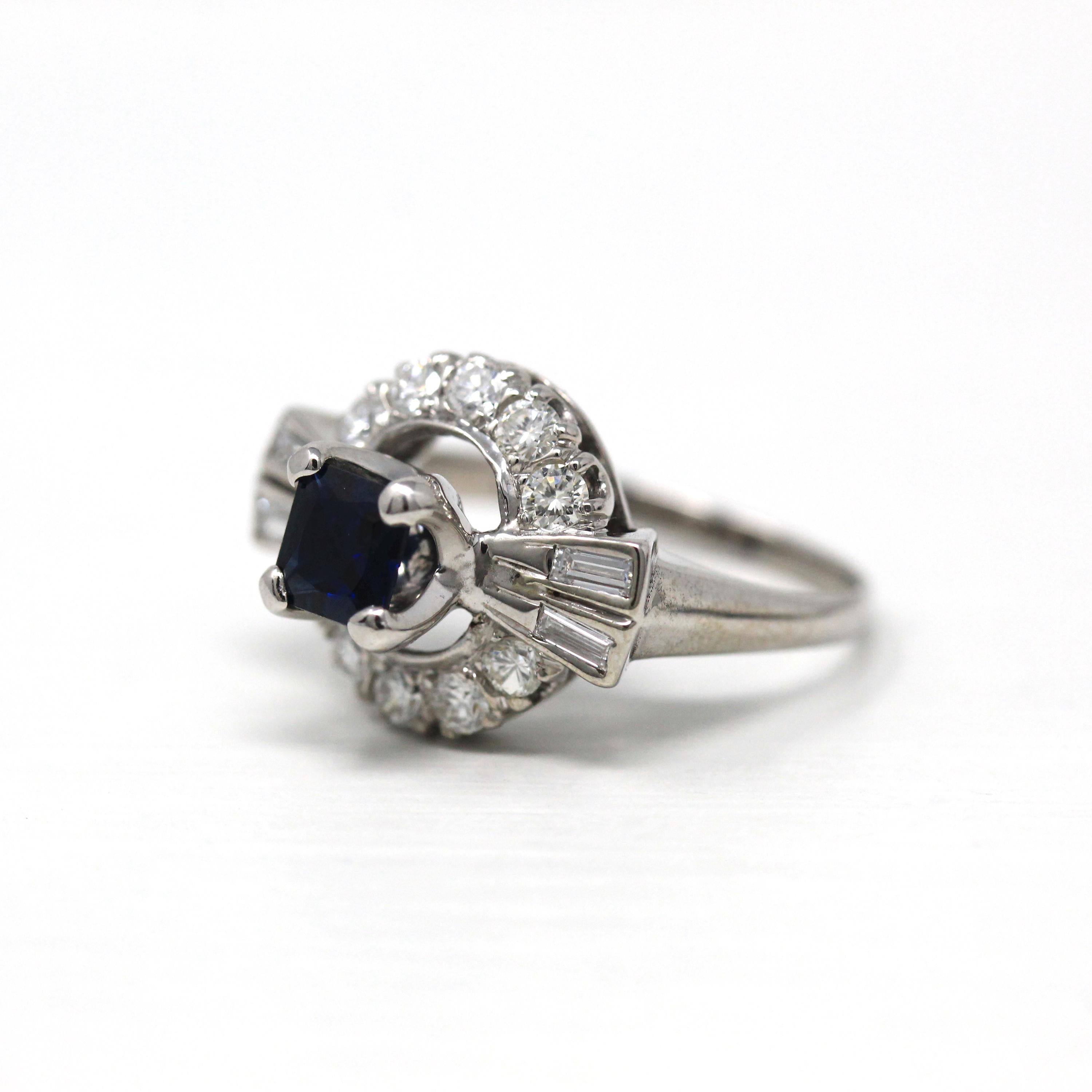 Sapphire & Diamond Halo Ring - 1980s Estate 14k White Gold .80 CT Blue Princess Round Baguette - Alternative Vintage Engagement Fine Jewelry
