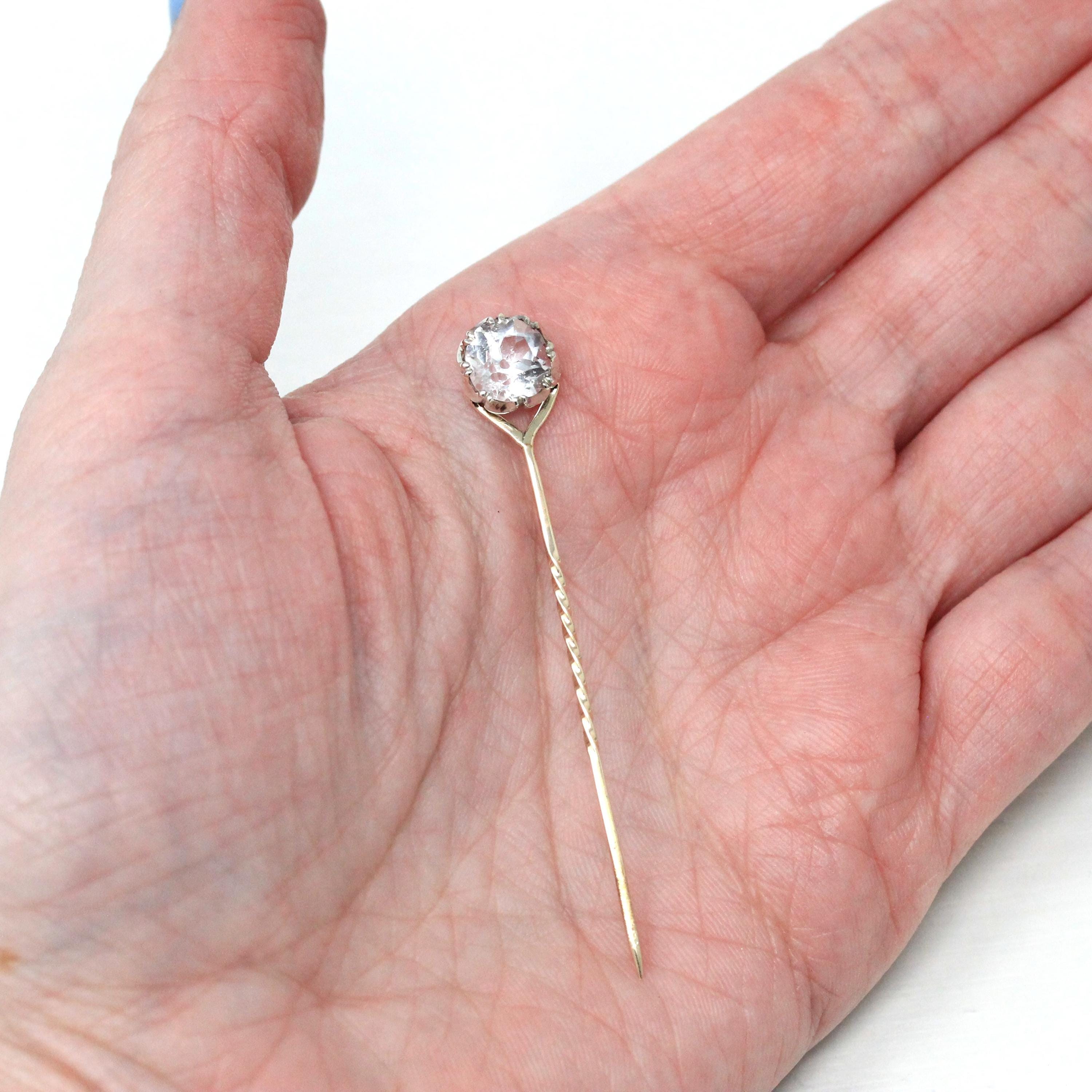 Antique Stick Pin - Victorian 9k Yellow Gold & Silver Round Faceted Colorless Quartz Gemstone - Circa 1900s Era Tie Men's Unisex Jewelry