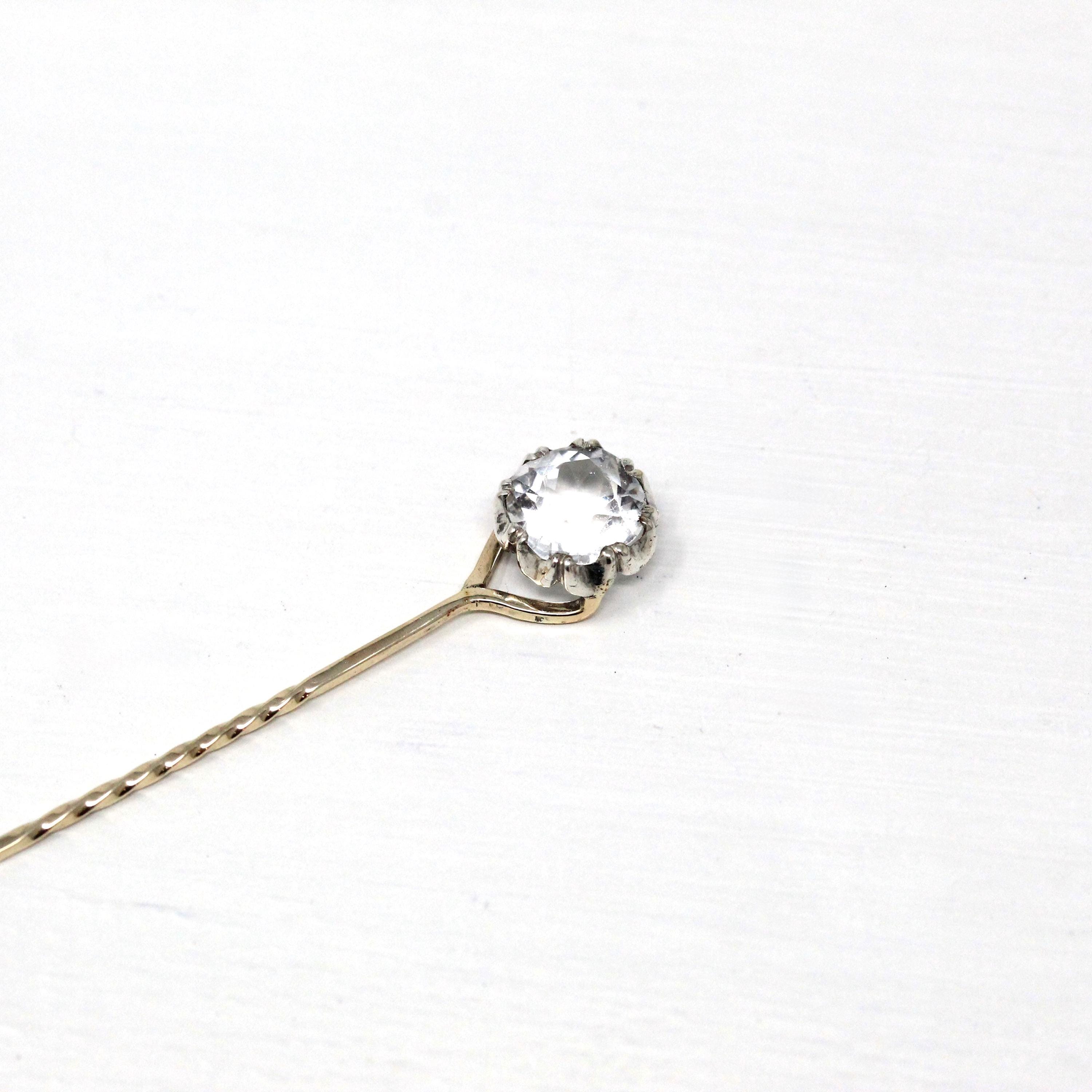 Antique Stick Pin - Victorian 9k Yellow Gold & Silver Round Faceted Colorless Quartz Gemstone - Circa 1900s Era Tie Men's Unisex Jewelry