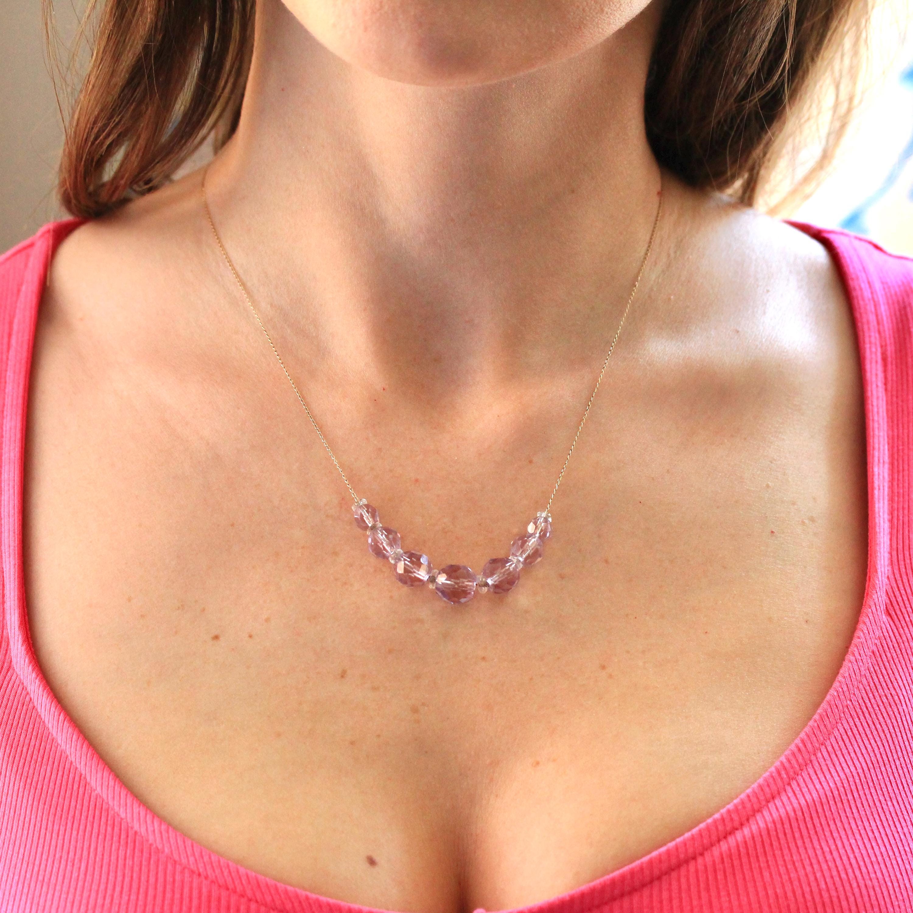 Simulated Amethyst Necklace - Retro 14k Yellow Gold Faceted Purple Clear Glass Stones - Vintage Circa 1940s Era Fashion Accessory Jewelry