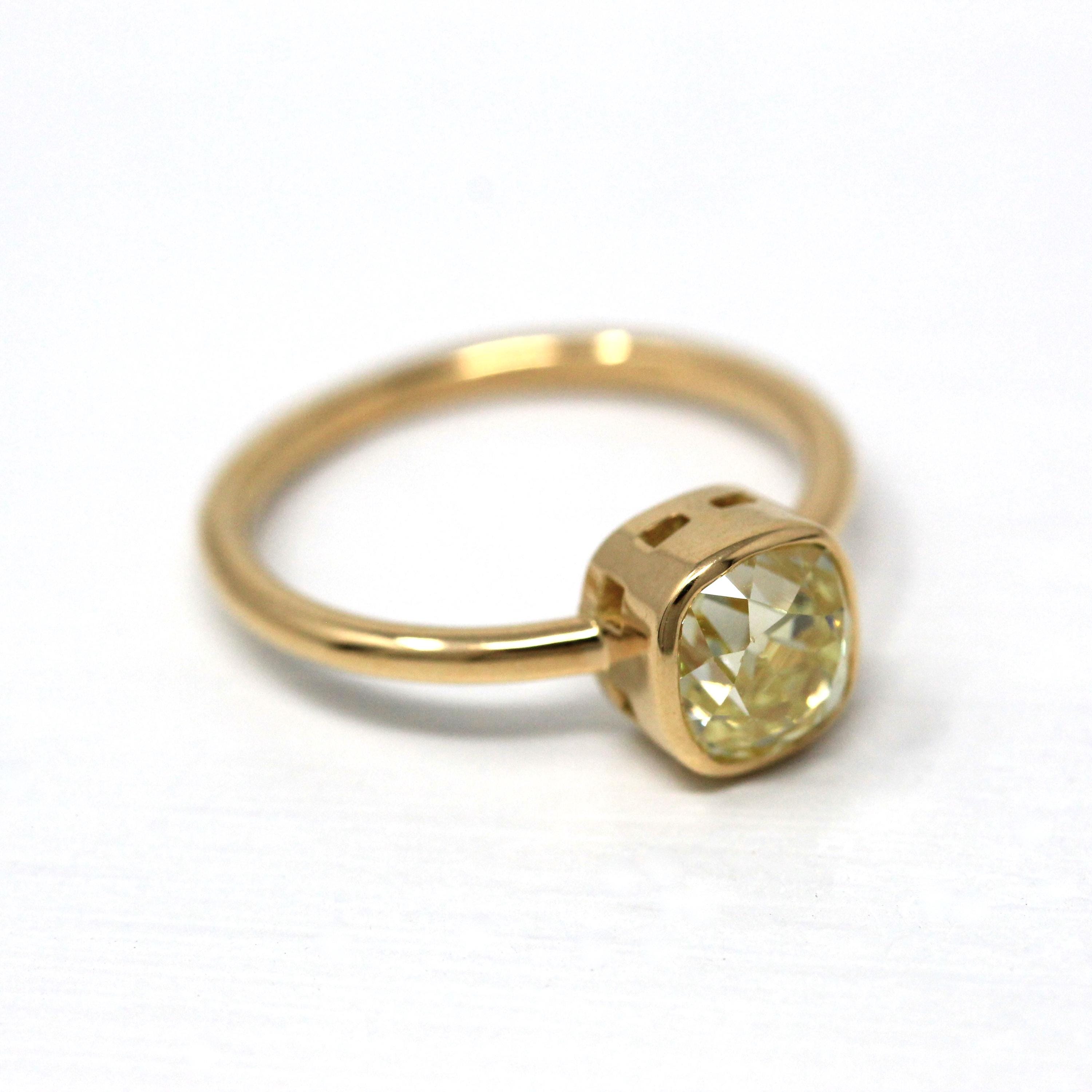 Antique 1.61 ct Old Mine Cut Diamond Engagement Ring - 18k Yellow Gold Bezel Fancy Light Yellow Gem - Size 6 GIA Report Fine Cushion Jewelry