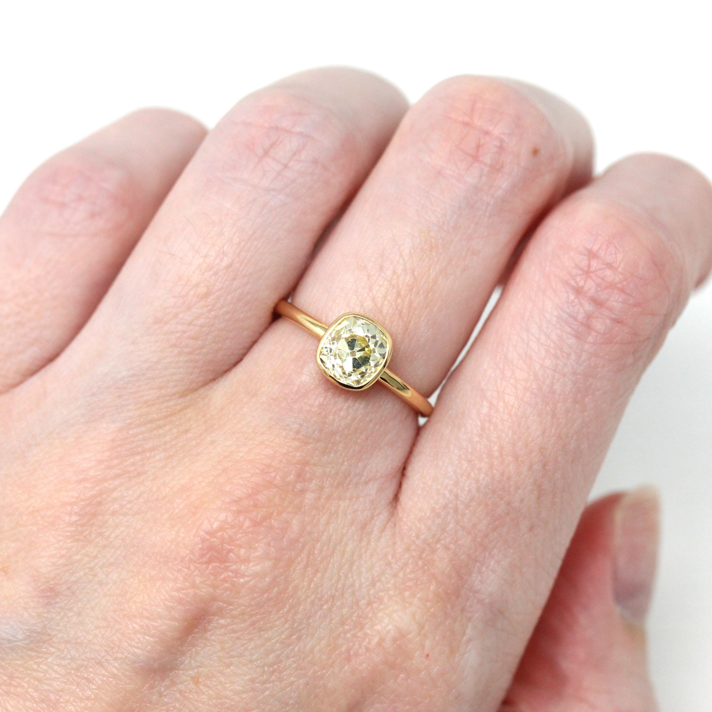 Antique 1.61 ct Old Mine Cut Diamond Engagement Ring - 18k Yellow Gold Bezel Fancy Light Yellow Gem - Size 6 GIA Report Fine Cushion Jewelry