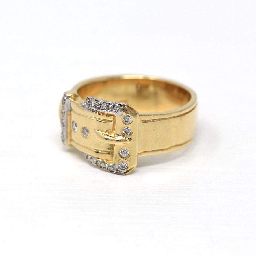 Belt Buckle Ring - Estate 14k Yellow Gold Natural Diamonds Wide Statement Band - Modern Circa 2000's Era Size 8 Unisex Style Fine Jewelry