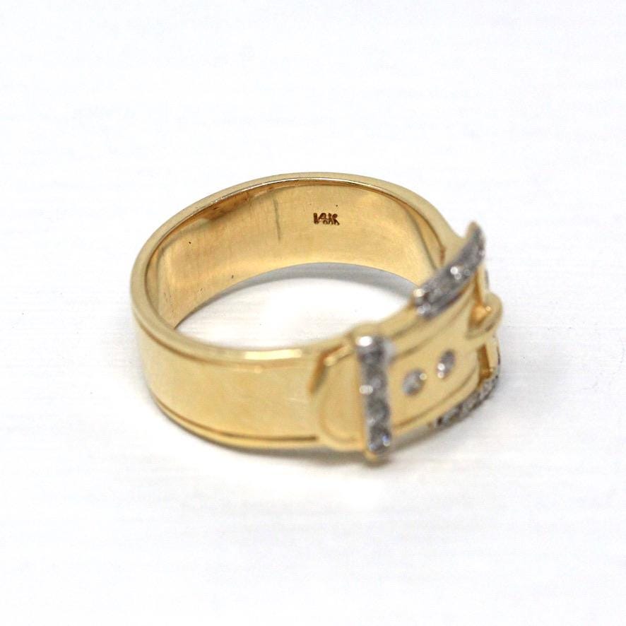Belt Buckle Ring - Estate 14k Yellow Gold Natural Diamonds Wide Statement Band - Modern Circa 2000's Era Size 8 Unisex Style Fine Jewelry