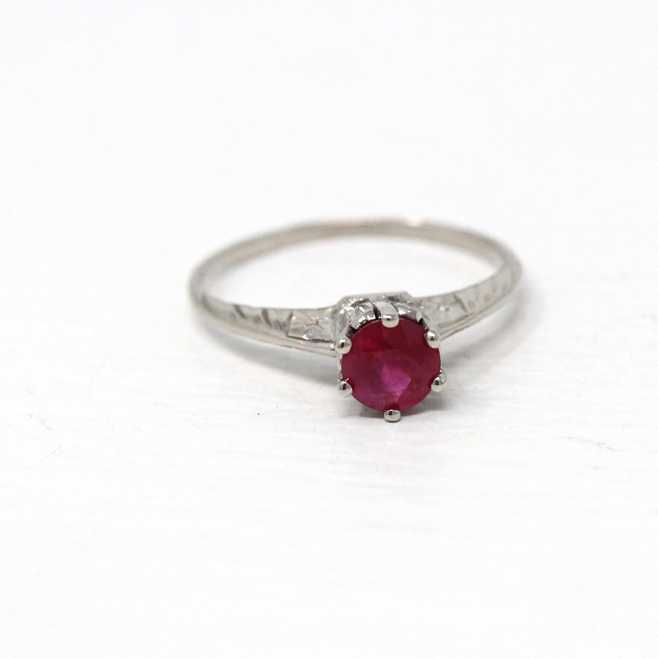 Ruby Solitaire Ring - Vintage 14k White Gold 0.65 CT Faceted Gem Solitaire - Art Deco Size 5 1/4 Statement Fine Engraved Birthstone Jewelry