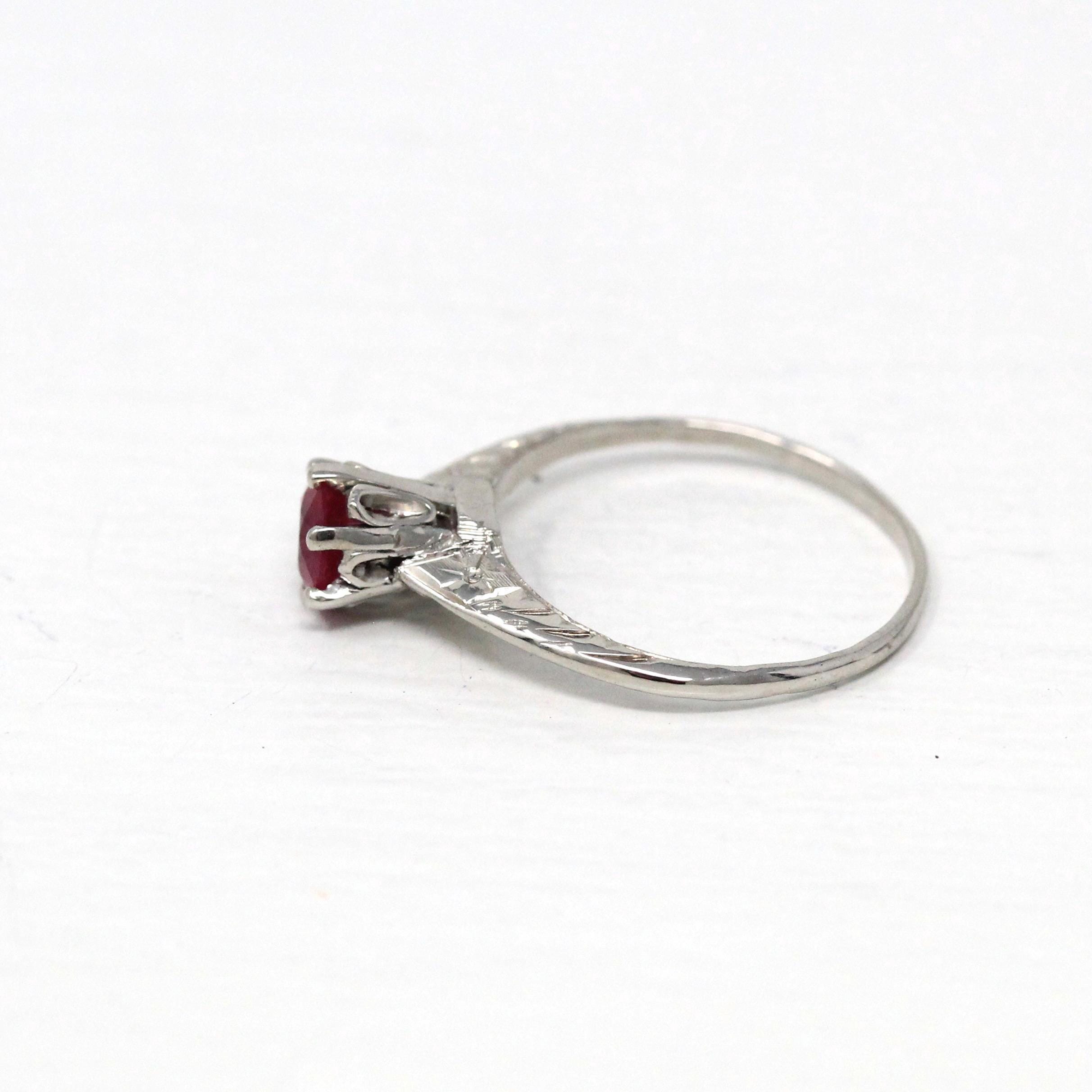 Ruby Solitaire Ring - Vintage 14k White Gold 0.65 CT Faceted Gem Solitaire - Art Deco Size 5 1/4 Statement Fine Engraved Birthstone Jewelry