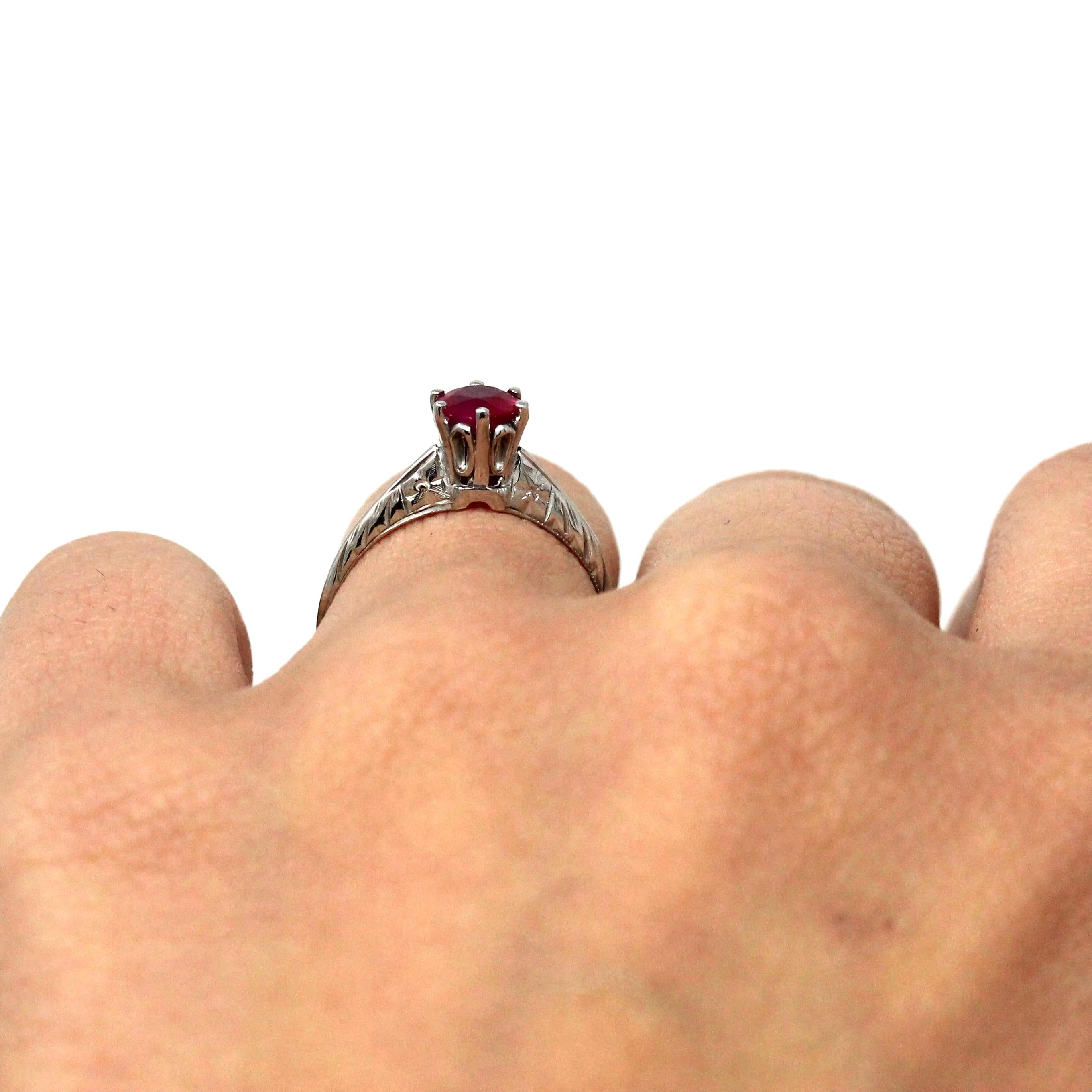 Ruby Solitaire Ring - Vintage 14k White Gold 0.65 CT Faceted Gem Solitaire - Art Deco Size 5 1/4 Statement Fine Engraved Birthstone Jewelry