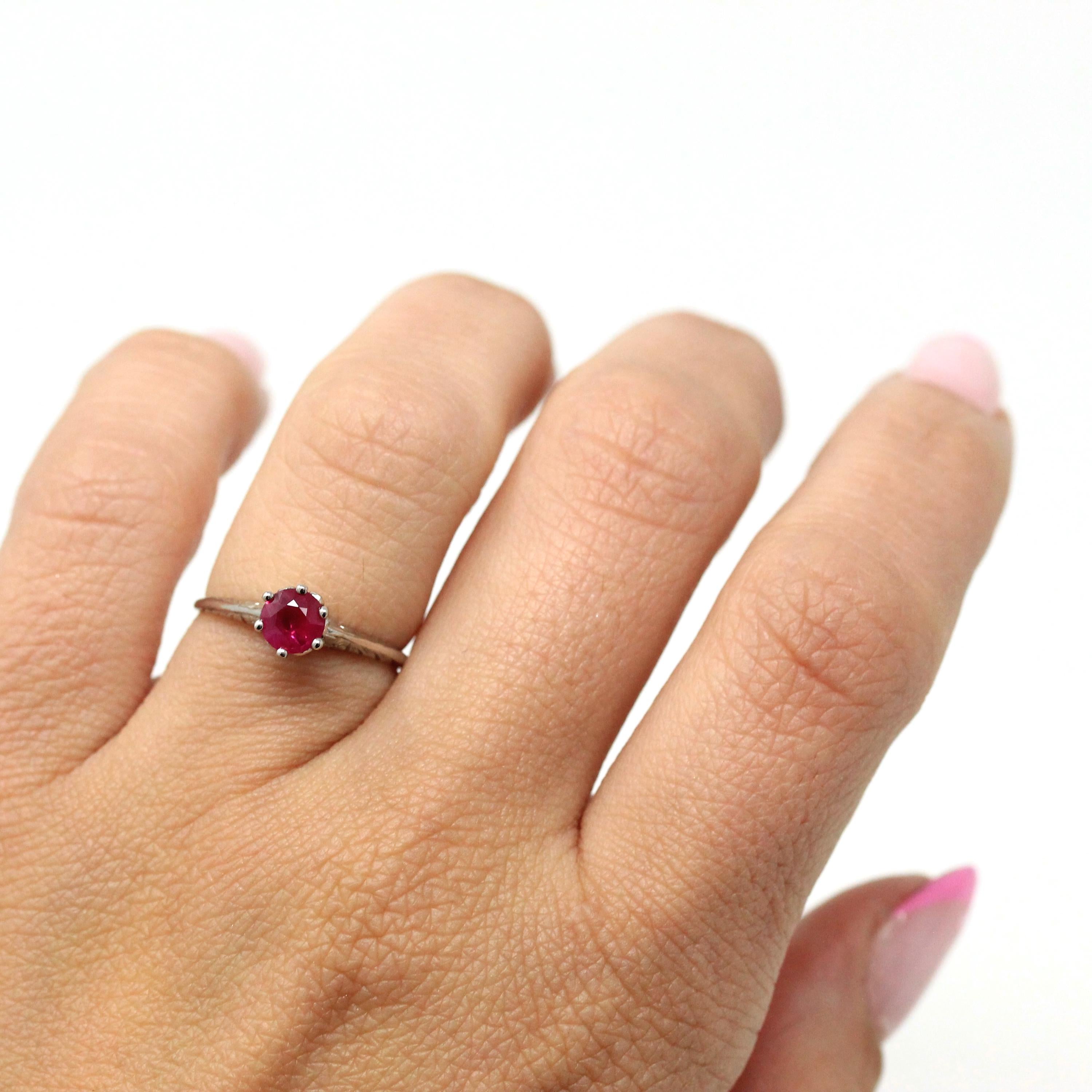 Ruby Solitaire Ring - Vintage 14k White Gold 0.65 CT Faceted Gem Solitaire - Art Deco Size 5 1/4 Statement Fine Engraved Birthstone Jewelry