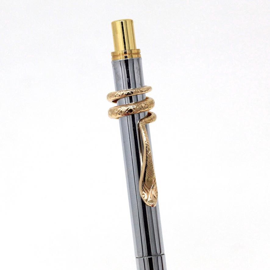 Gold Snake Fountain Pen Clip - Vintage Estate 14k Yellow Gold Coiled Serpent Wrap Accessory - Tiny Baby Cobra Fine Solid Jewelry Decoration