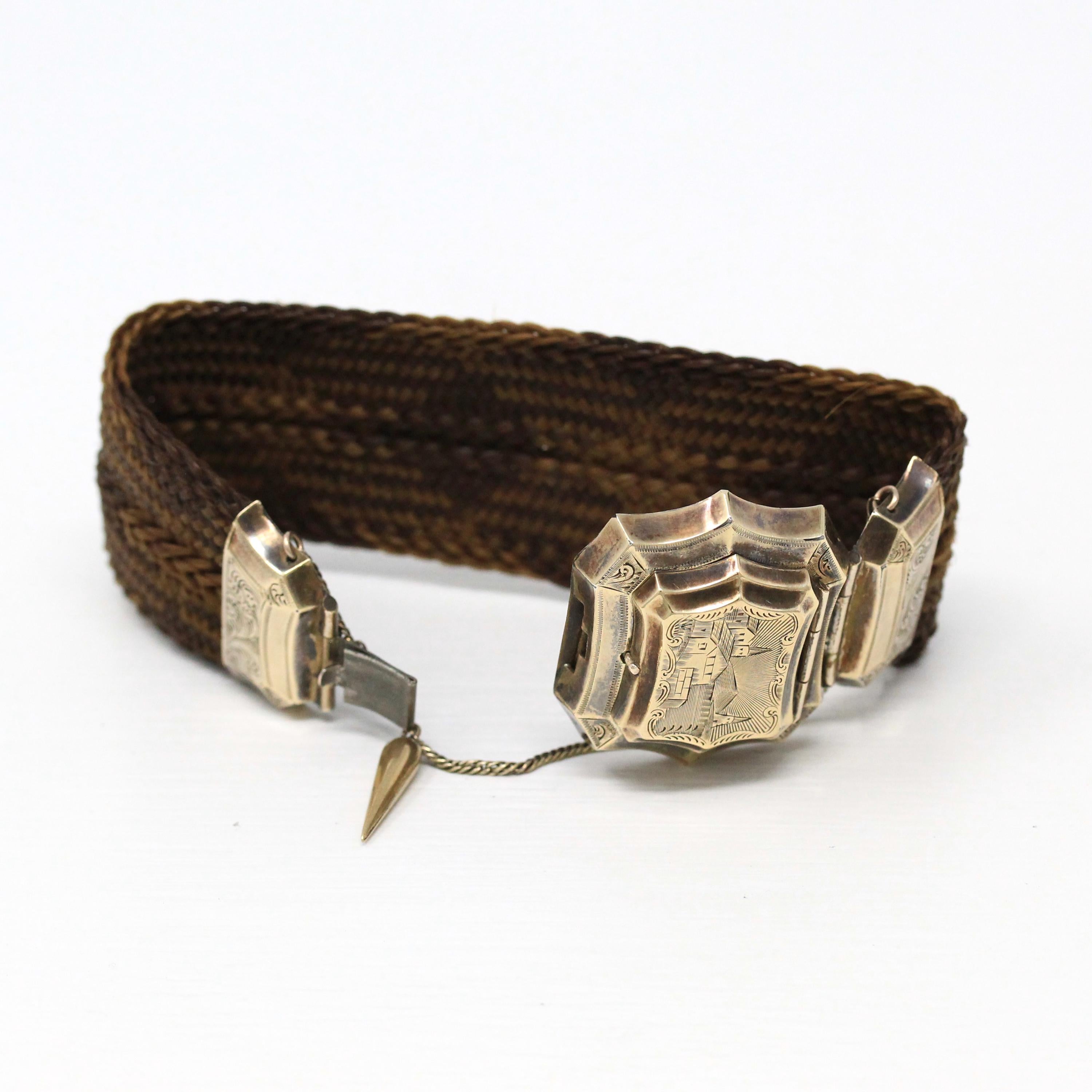 Victorian Hair Bracelet - Antique 10k Gold Woven Photo Keepsake Locket - 1800s 19th Century Statement Mourning Engraved "EM" Fine Jewelry