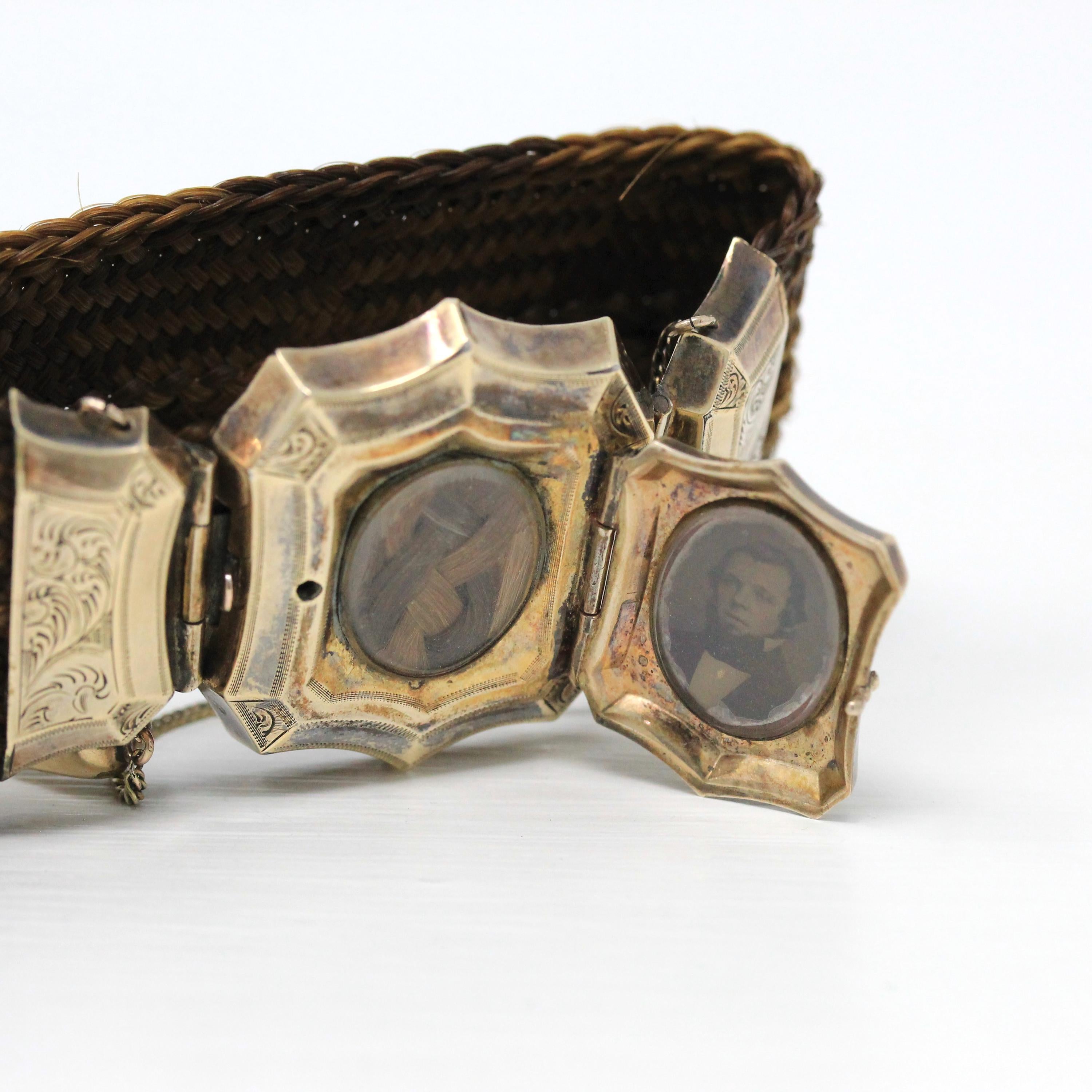 Victorian Hair Bracelet - Antique 10k Gold Woven Photo Keepsake Locket - 1800s 19th Century Statement Mourning Engraved "EM" Fine Jewelry