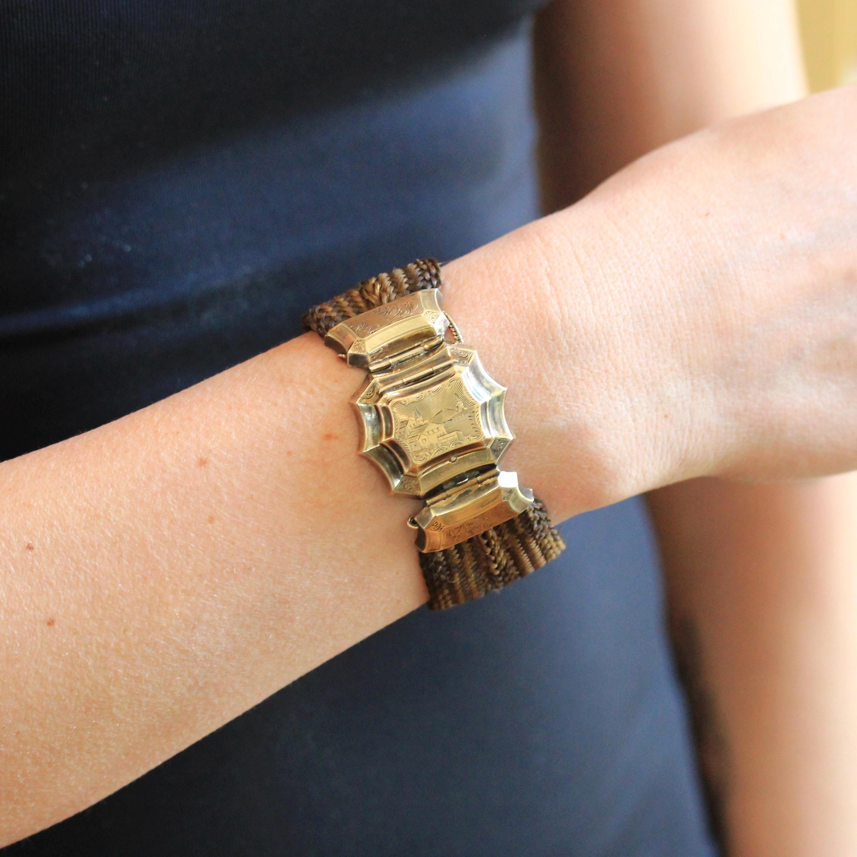 Victorian Hair Bracelet - Antique 10k Gold Woven Photo Keepsake Locket - 1800s 19th Century Statement Mourning Engraved "EM" Fine Jewelry