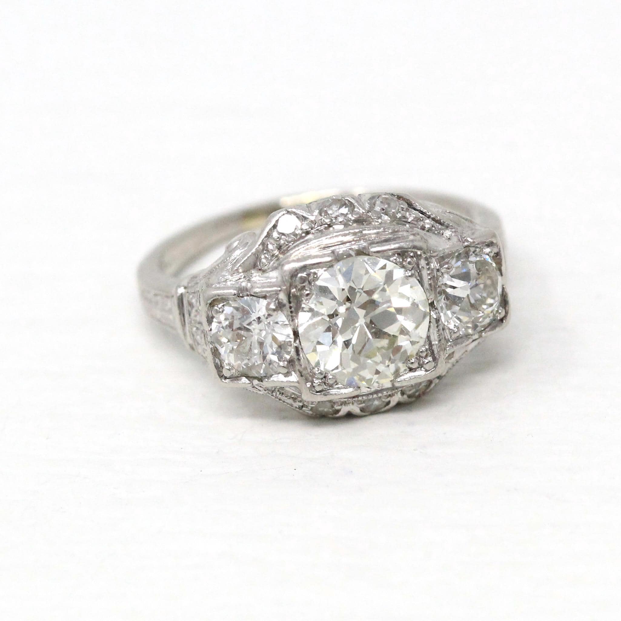 Antique Engagement Ring - Platinum Art Deco 1.87 CTW Genuine Diamond - Circa 1920s Sz 5.25 Fine 3 Stone Across Filigree Jewelry w/ Report