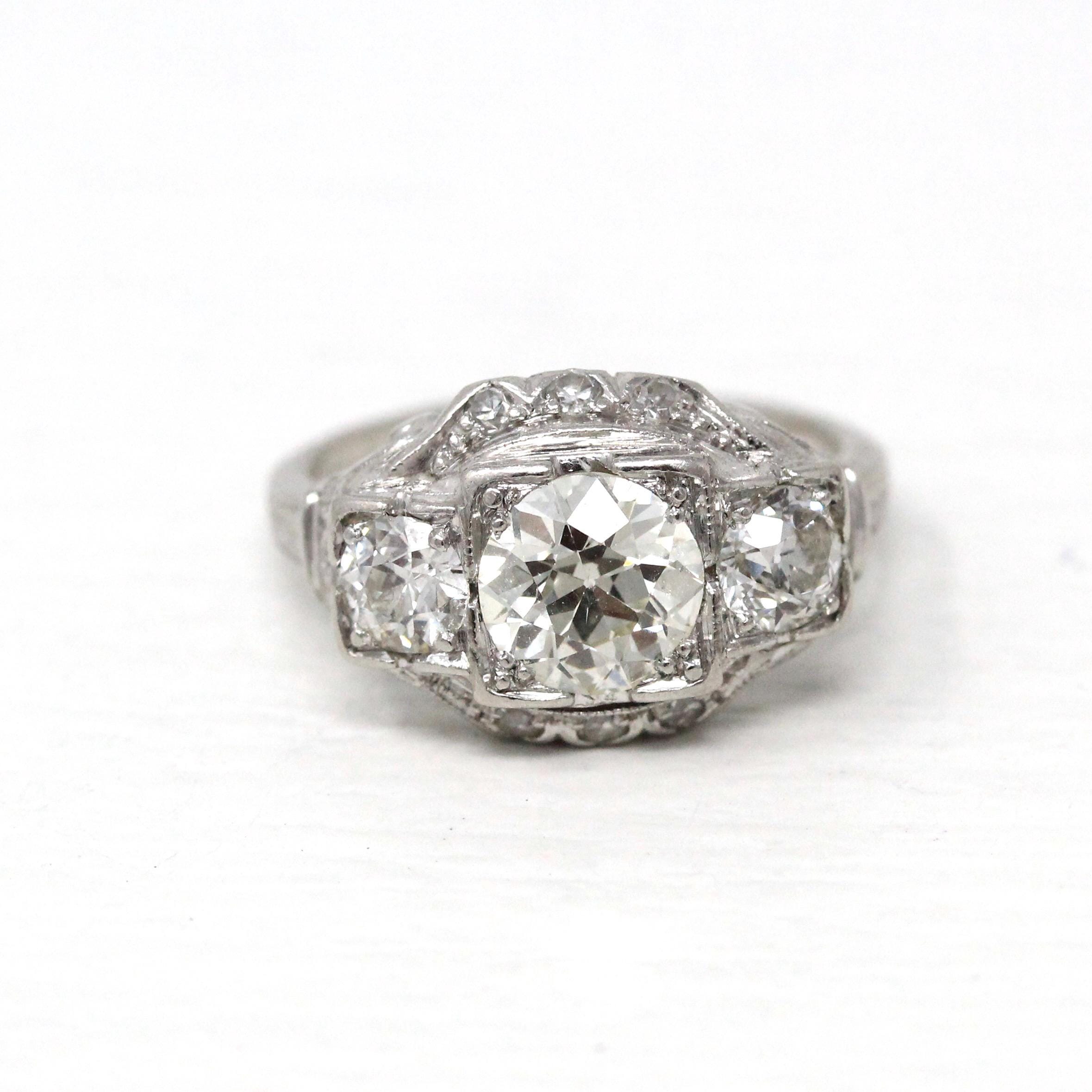 Antique Engagement Ring - Platinum Art Deco 1.87 CTW Genuine Diamond - Circa 1920s Sz 5.25 Fine 3 Stone Across Filigree Jewelry w/ Report