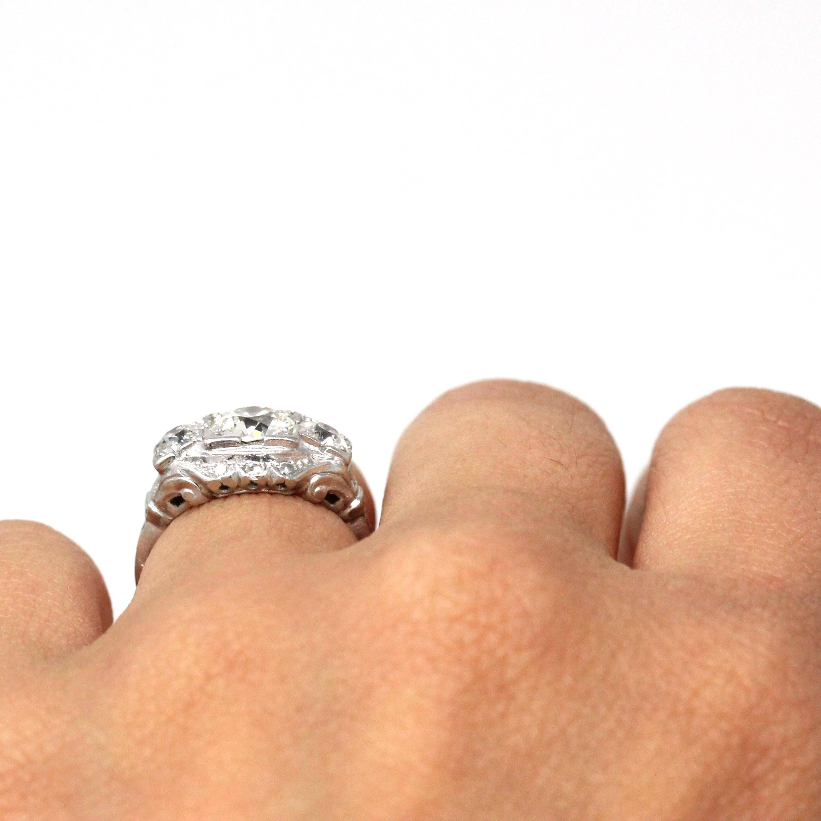 Antique Engagement Ring - Platinum Art Deco 1.87 CTW Genuine Diamond - Circa 1920s Sz 5.25 Fine 3 Stone Across Filigree Jewelry w/ Report