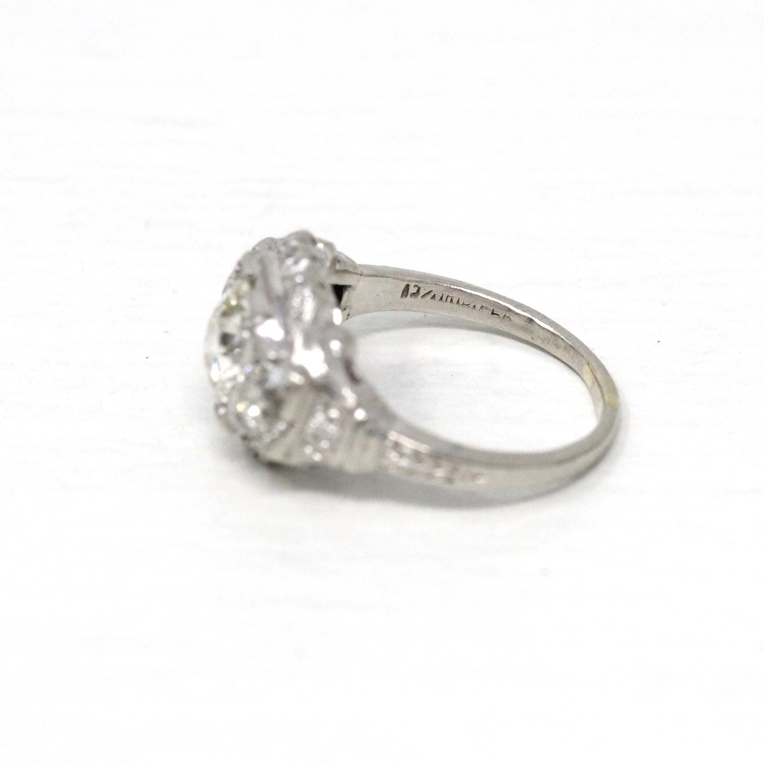 Antique Engagement Ring - Platinum Art Deco 1.87 CTW Genuine Diamond - Circa 1920s Sz 5.25 Fine 3 Stone Across Filigree Jewelry w/ Report