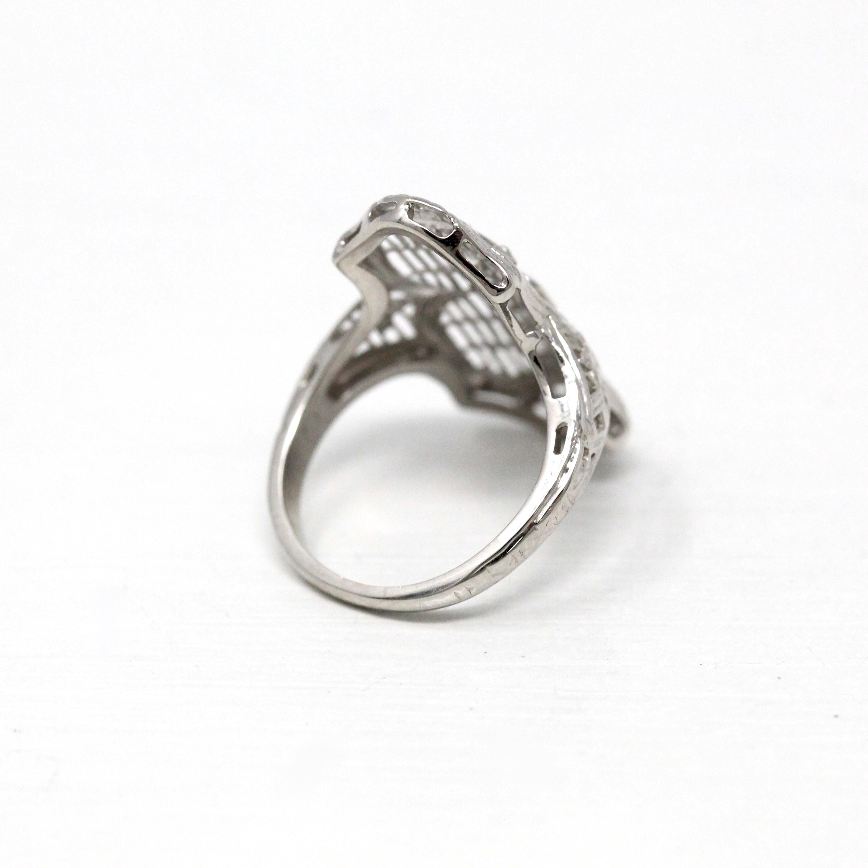 Antique Shield Ring - Art Deco 18k White Gold Genuine Round Brilliant Old European Cut Diamonds - Circa 20s Era Size 3 Fine Filigree Jewelry