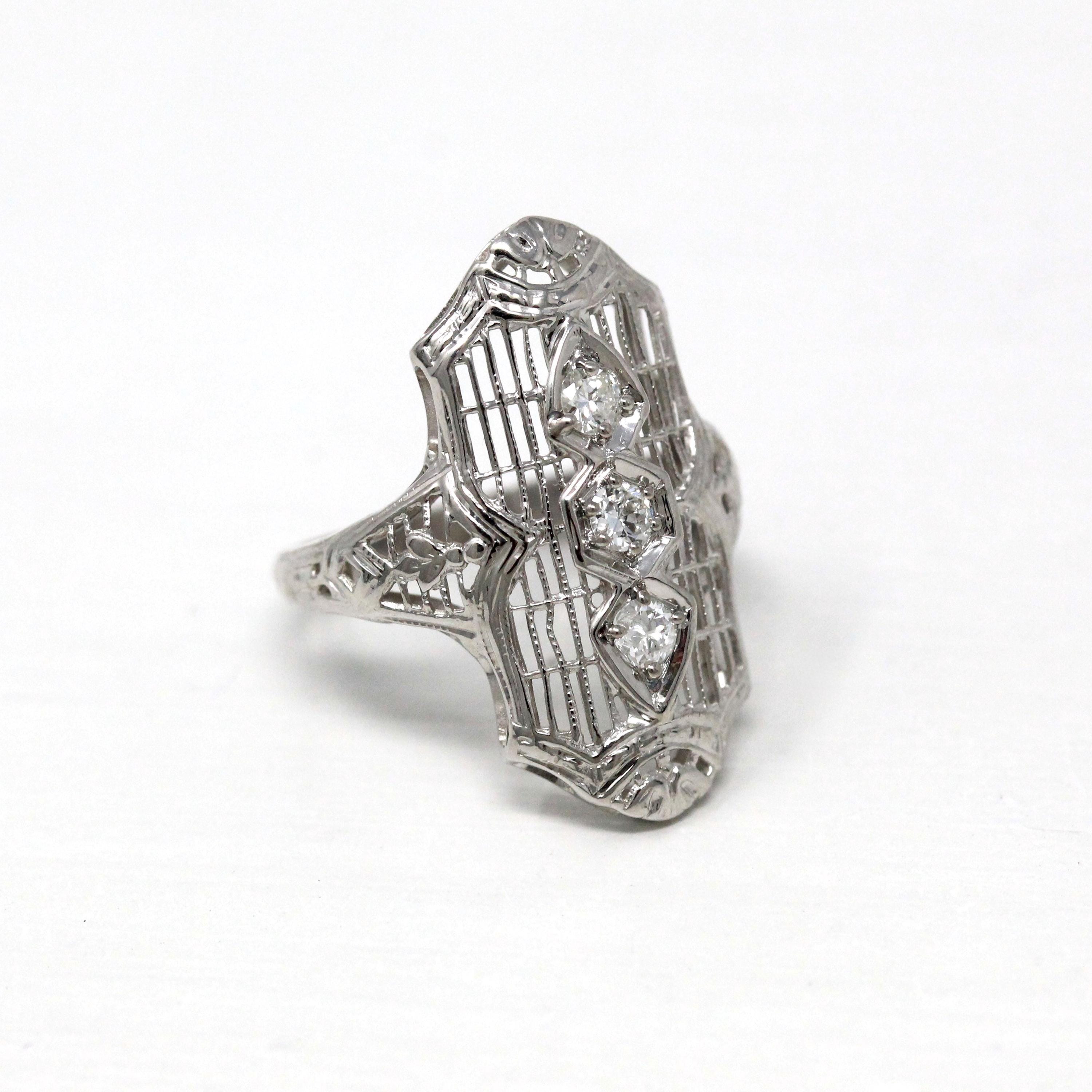 Antique Shield Ring - Art Deco 18k White Gold Genuine Round Brilliant Old European Cut Diamonds - Circa 20s Era Size 3 Fine Filigree Jewelry
