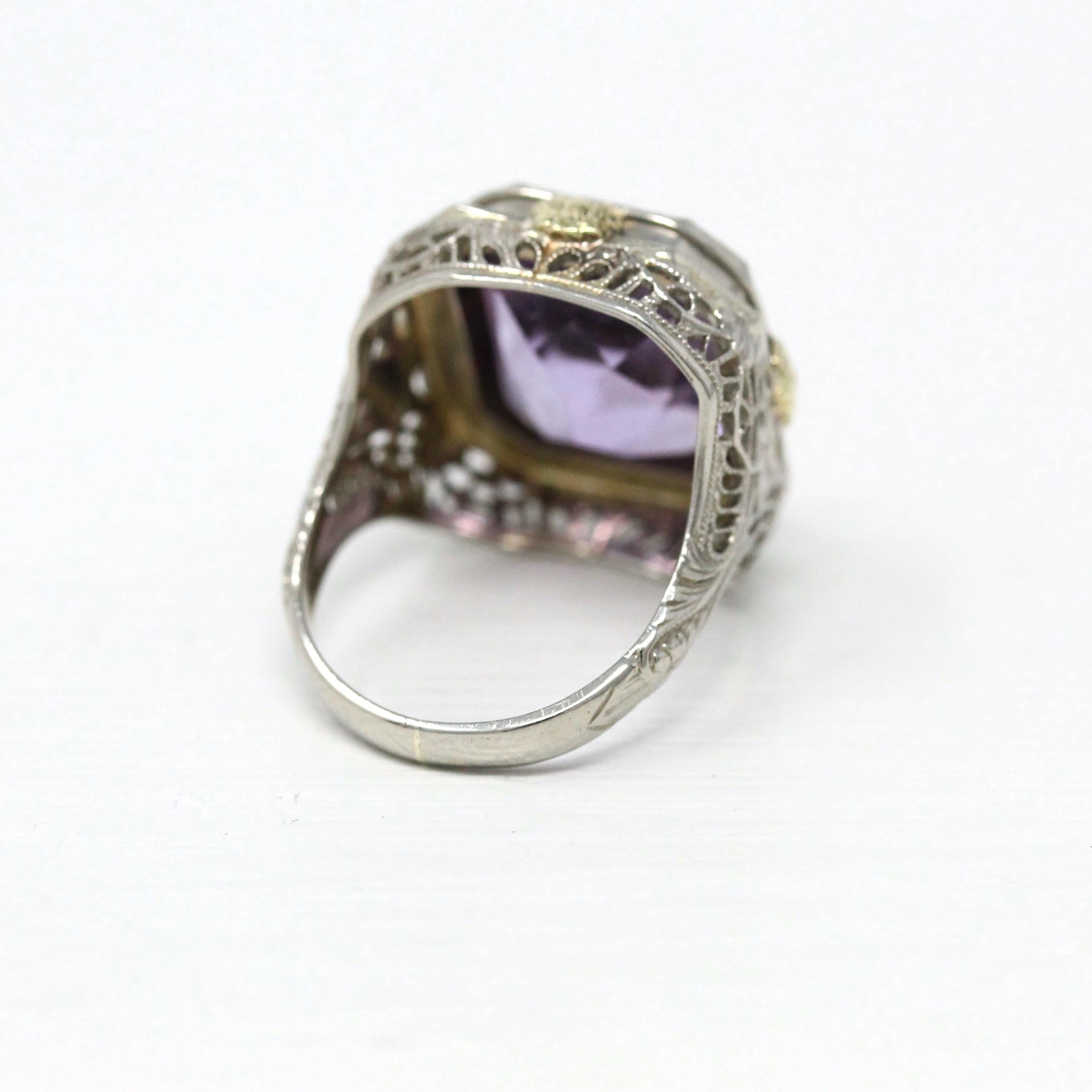 Vintage Amethyst Ring - Art Deco 14k White Gold Filigree Genuine Purple Gemstone - Circa 1930s Size 4 1/2 Floral Two Tone Fine 30s Jewelry