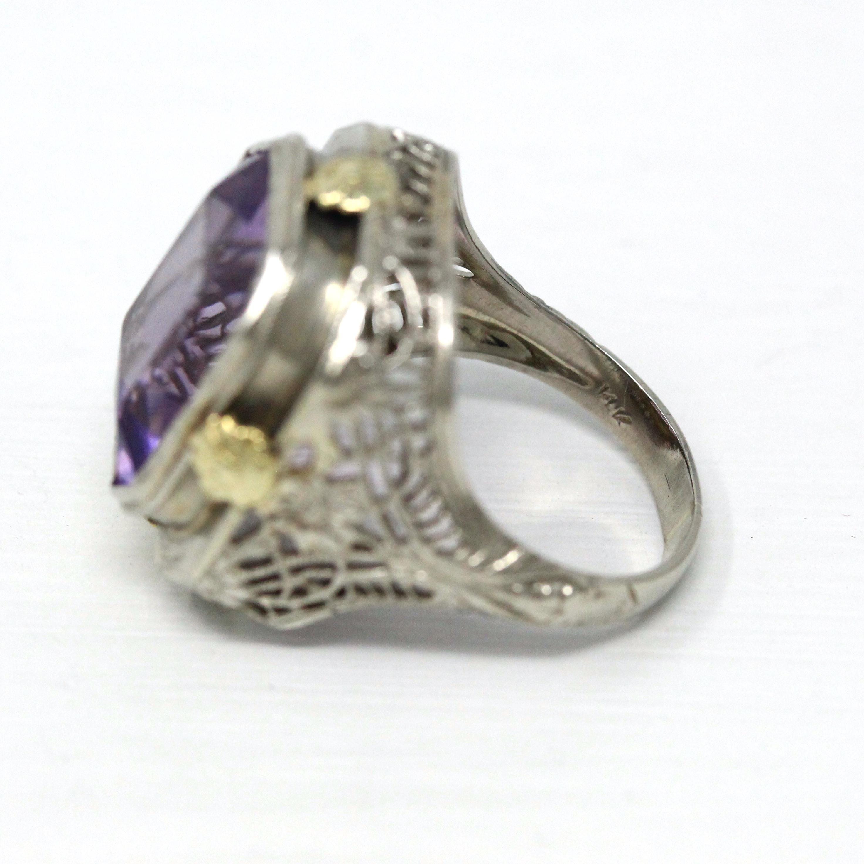 Vintage Amethyst Ring - Art Deco 14k White Gold Filigree Genuine Purple Gemstone - Circa 1930s Size 4 1/2 Floral Two Tone Fine 30s Jewelry