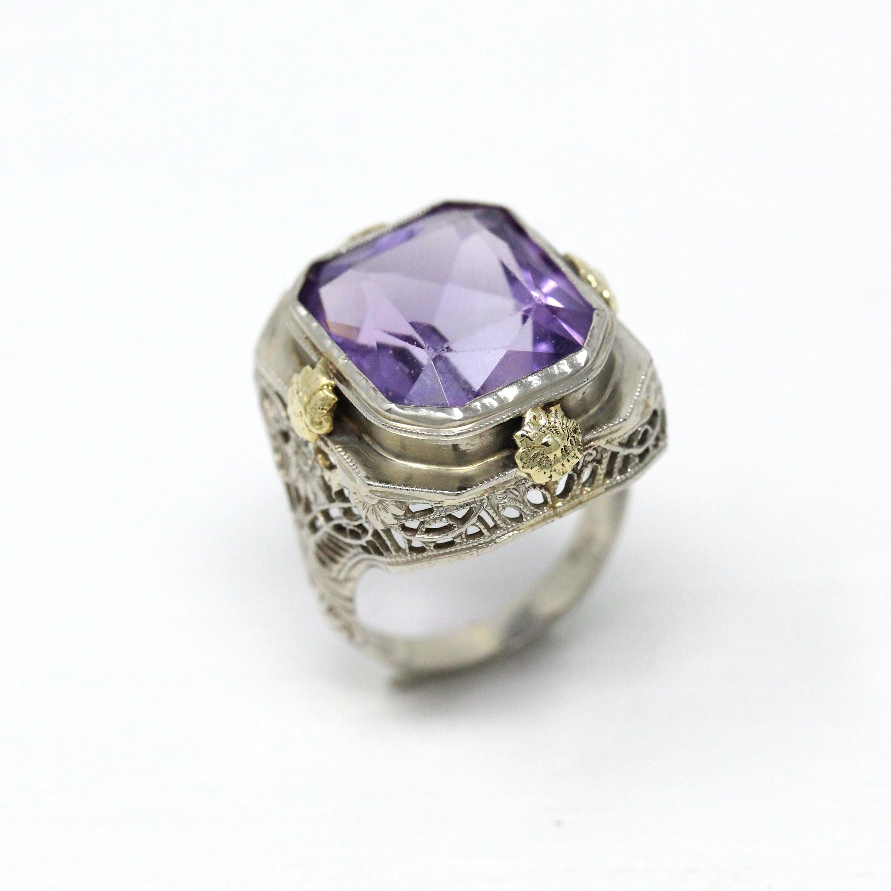 Vintage Amethyst Ring - Art Deco 14k White Gold Filigree Genuine Purple Gemstone - Circa 1930s Size 4 1/2 Floral Two Tone Fine 30s Jewelry