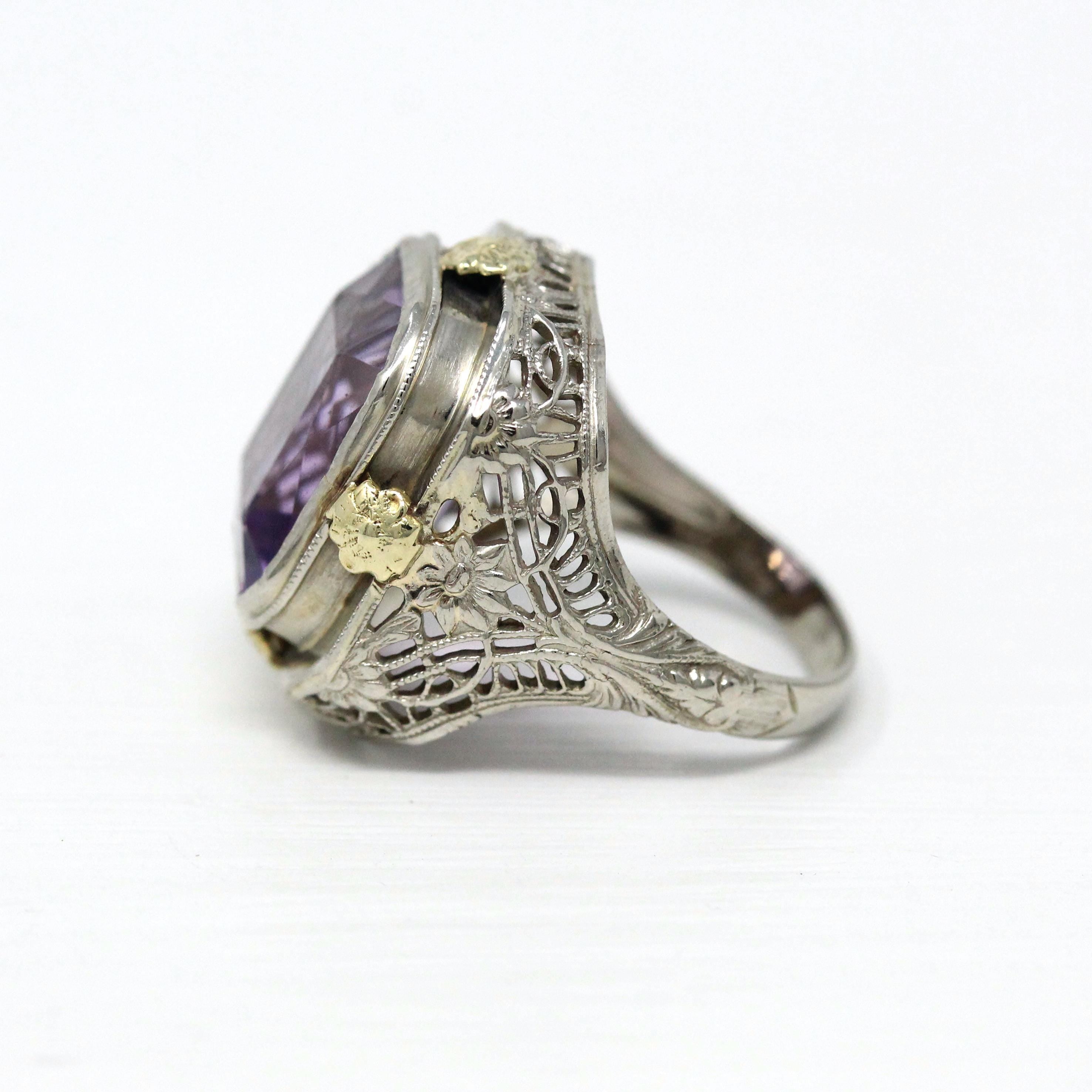 Vintage Amethyst Ring - Art Deco 14k White Gold Filigree Genuine Purple Gemstone - Circa 1930s Size 4 1/2 Floral Two Tone Fine 30s Jewelry