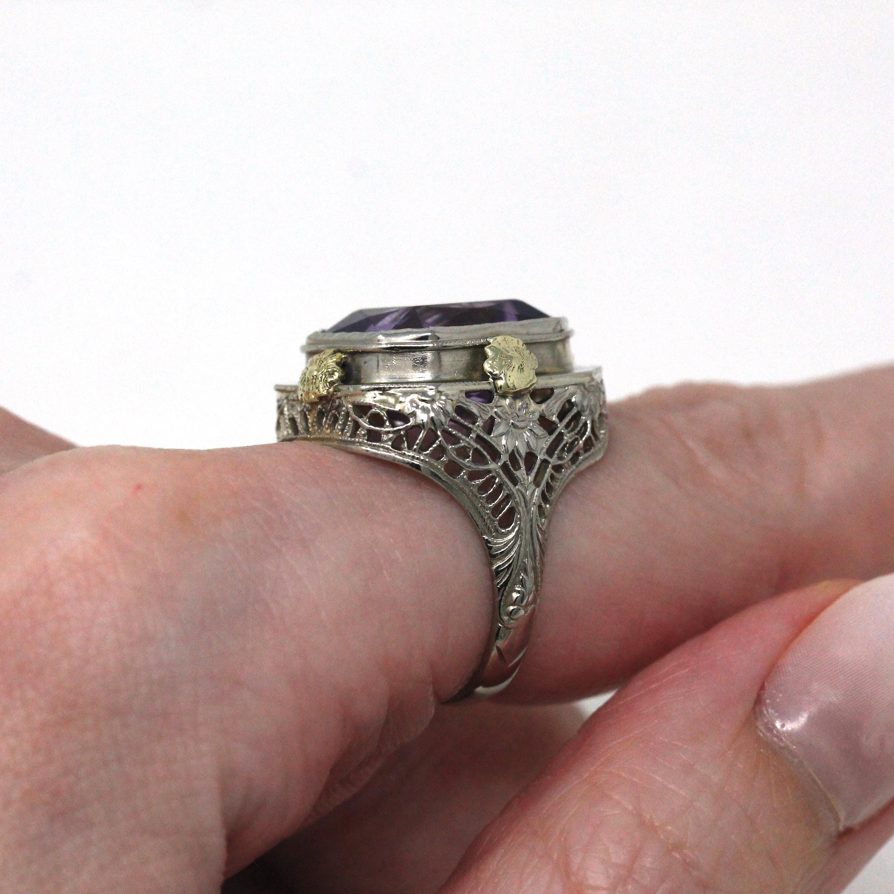 Vintage Amethyst Ring - Art Deco 14k White Gold Filigree Genuine Purple Gemstone - Circa 1930s Size 4 1/2 Floral Two Tone Fine 30s Jewelry