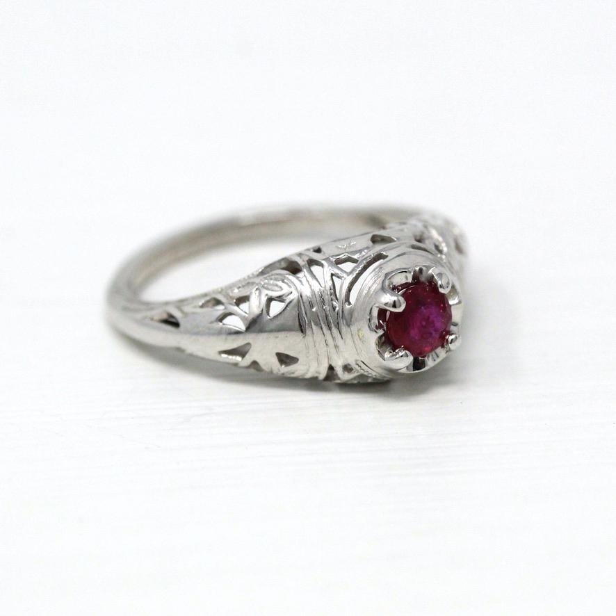 Vintage Ruby Ring - Art Deco Era 18k White Gold Genuine Pink Gemstone - Antique 1930s Size 4 Polished Bow Filigree Fine Engagement Jewelry