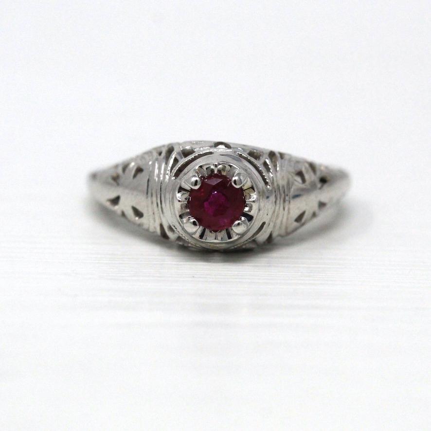 Vintage Ruby Ring - Art Deco Era 18k White Gold Genuine Pink Gemstone - Antique 1930s Size 4 Polished Bow Filigree Fine Engagement Jewelry